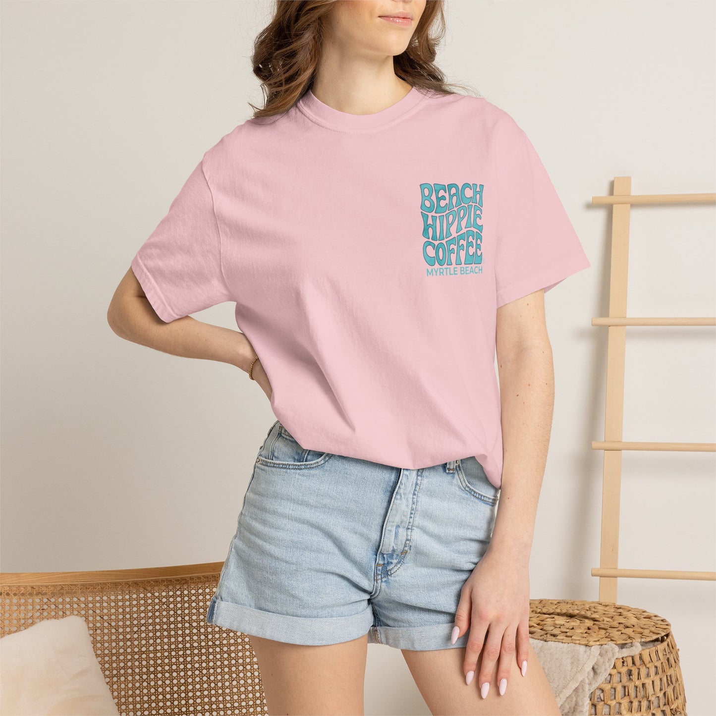Beach Hippie Coffee T‑Shirt — 'The Waves Won't Wait' Surf Van Graphic