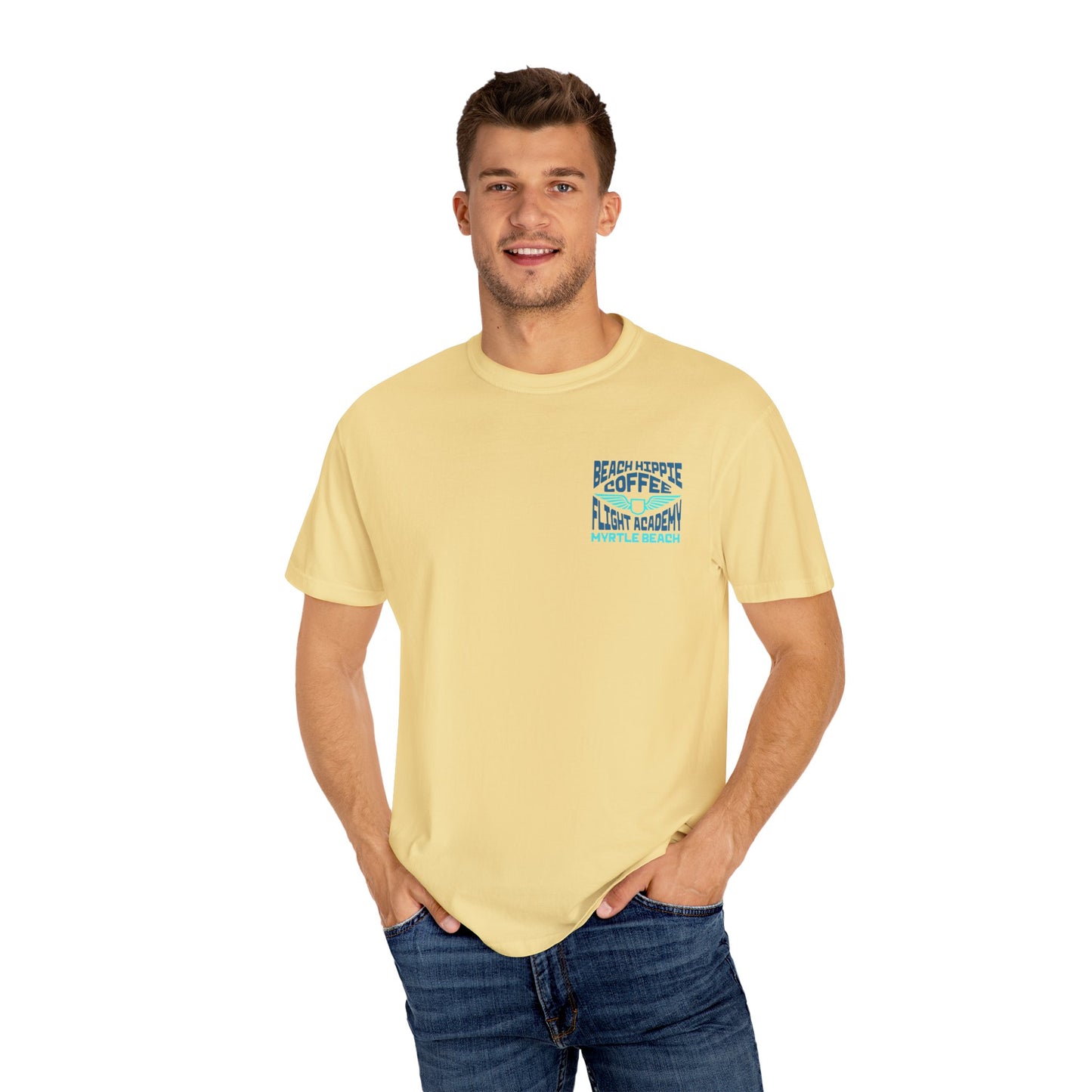 Beach Hippie Coffee Flight Academy T-shirt, Unisex Summer Tee, Cozy Casual Wear, Beach Vibes Shirt, Gift for Coffee Lovers, Vacation Apparel