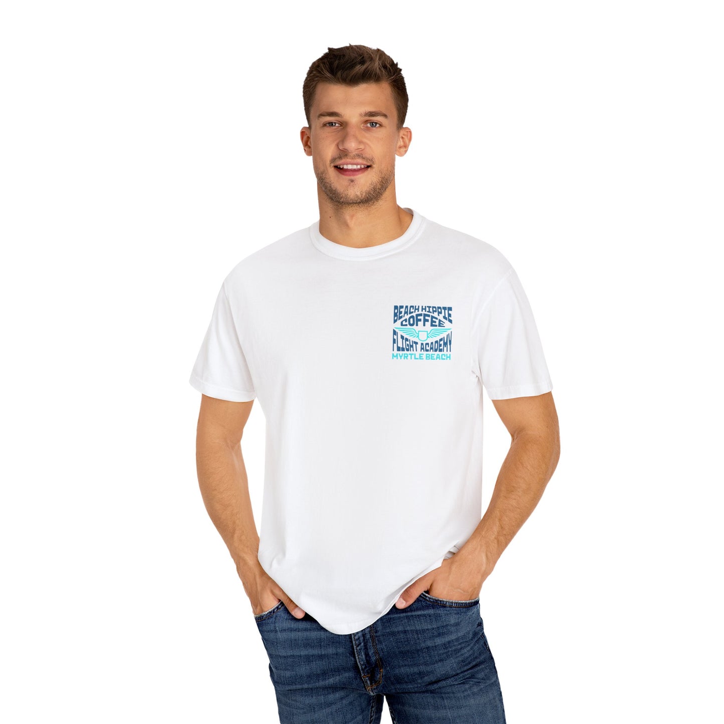 Beach Hippie Coffee Flight Academy T-shirt, Unisex Summer Tee, Cozy Casual Wear, Beach Vibes Shirt, Gift for Coffee Lovers, Vacation Apparel