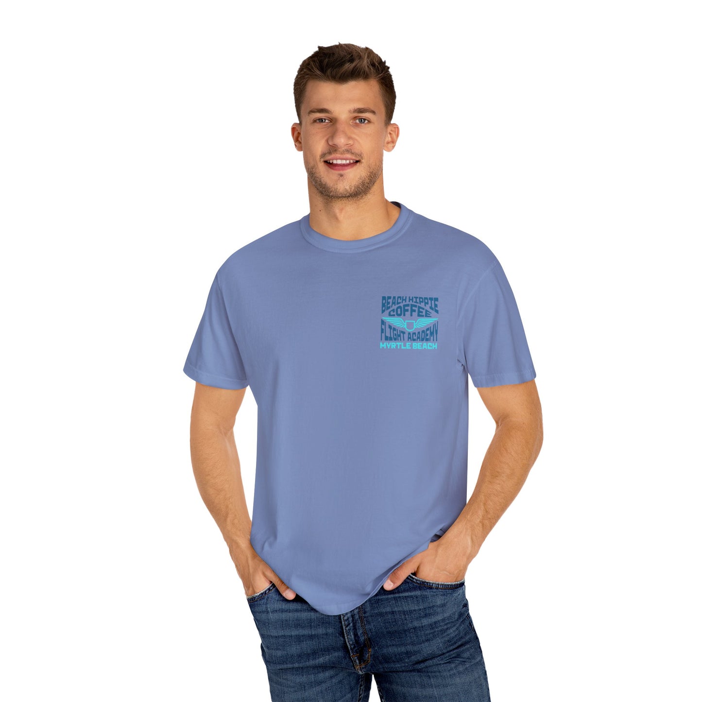 Beach Hippie Coffee Flight Academy T-shirt, Unisex Summer Tee, Cozy Casual Wear, Beach Vibes Shirt, Gift for Coffee Lovers, Vacation Apparel