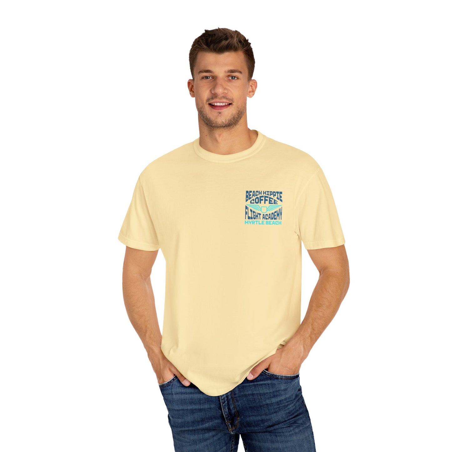 Beach Hippie Coffee Flight Academy T-shirt, Unisex Summer Tee, Cozy Casual Wear, Beach Vibes Shirt, Gift for Coffee Lovers, Vacation Apparel
