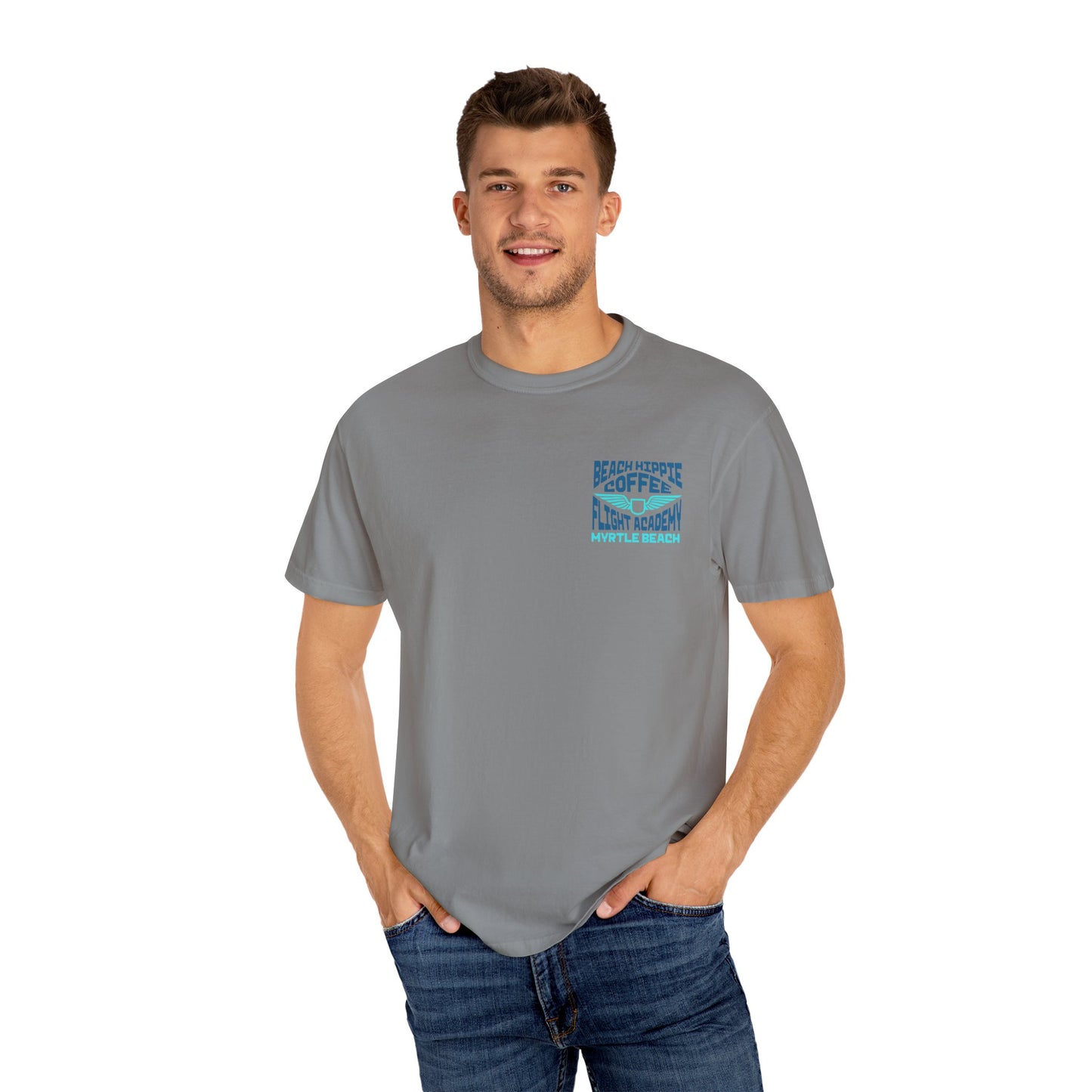 Beach Hippie Coffee Flight Academy T-shirt, Unisex Summer Tee, Cozy Casual Wear, Beach Vibes Shirt, Gift for Coffee Lovers, Vacation Apparel