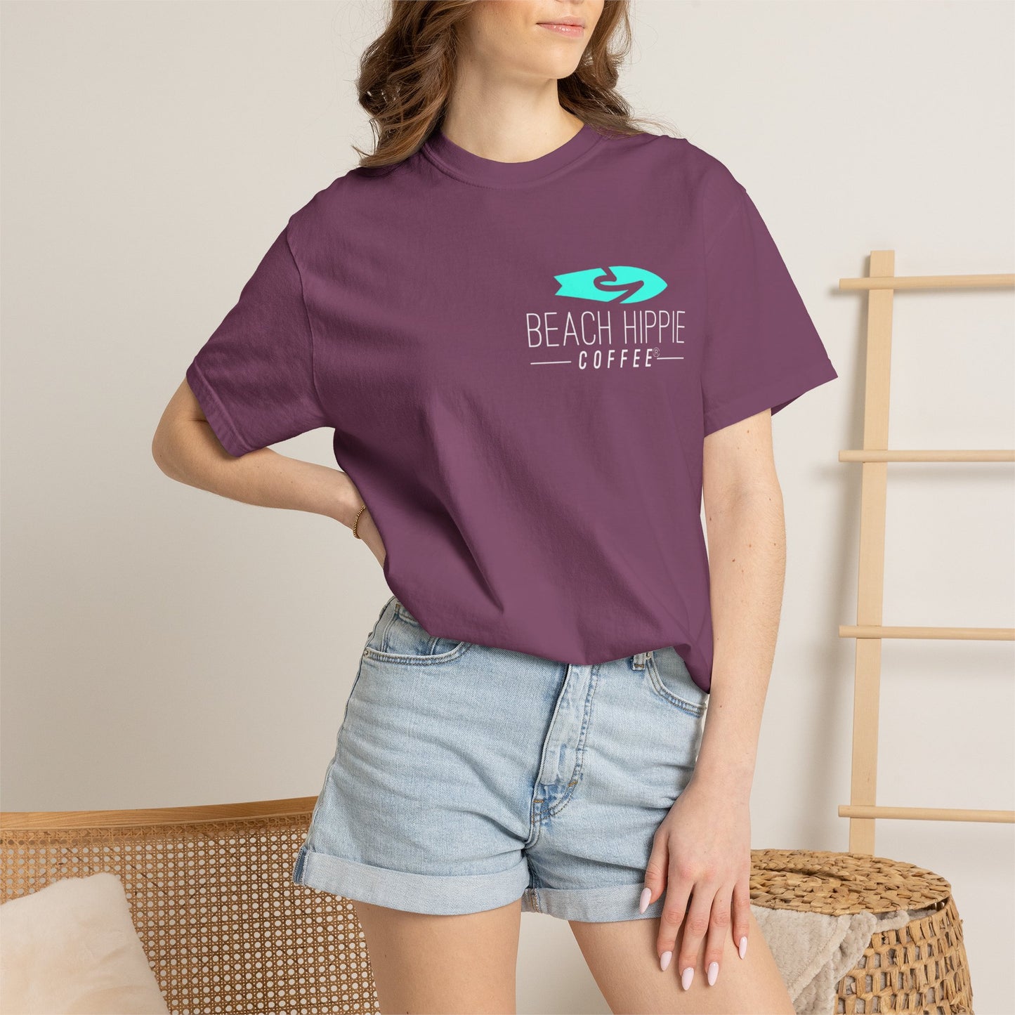 Beach Hippie Coffee Surf Logo T-Shirt — Minimal Turquoise Wave Graphic