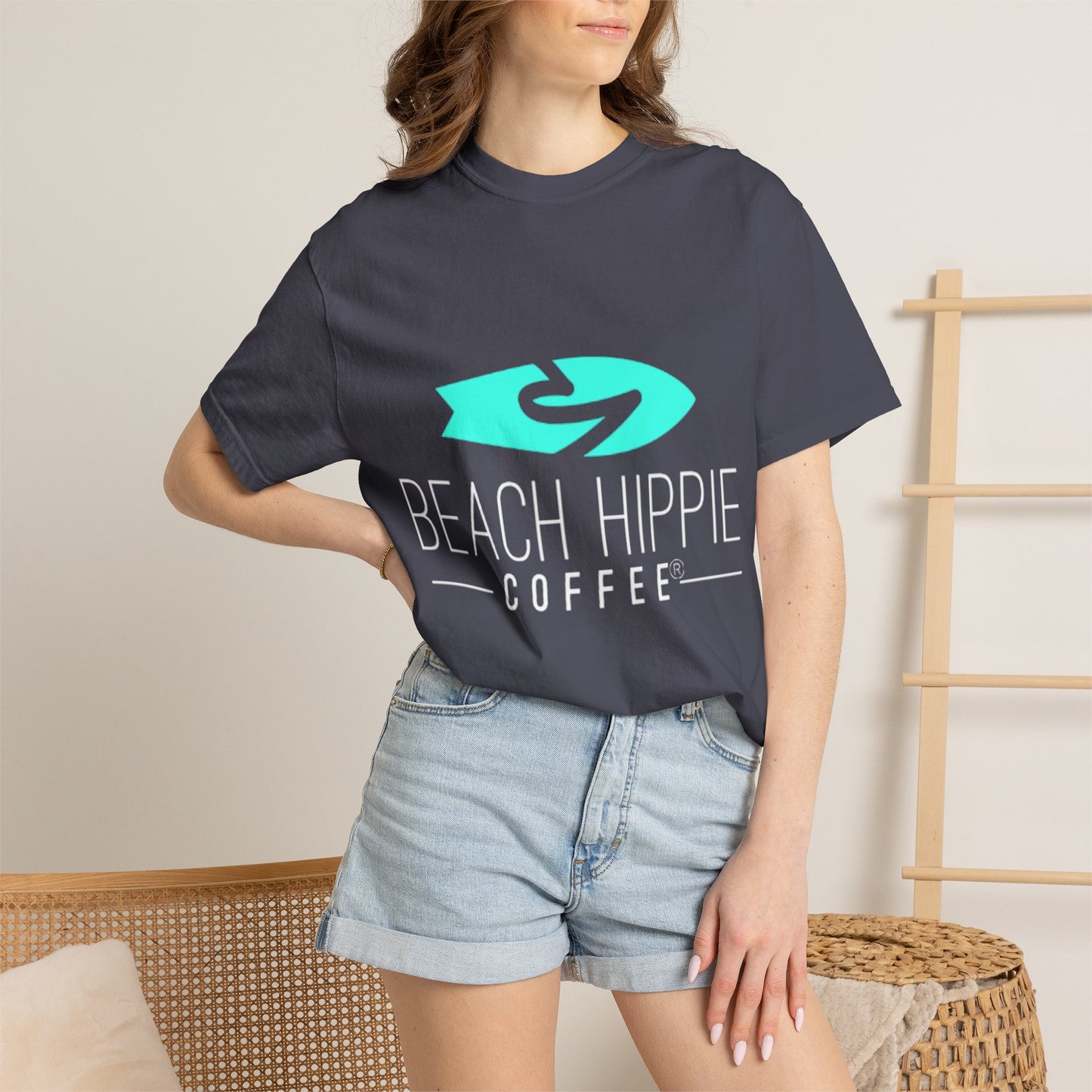 Beach Hippie Coffee Surf Logo T-Shirt — Minimal Turquoise Wave Graphic