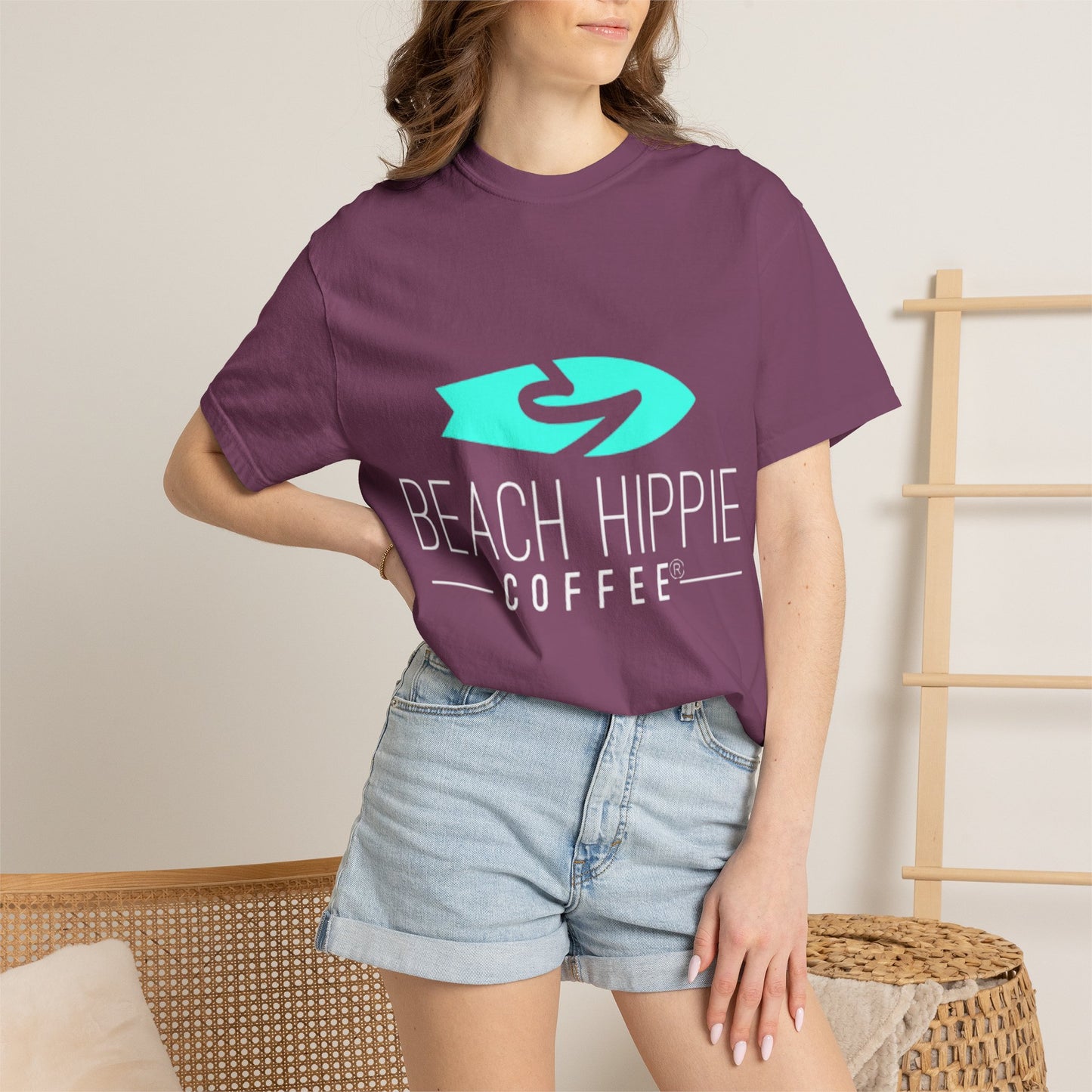 Beach Hippie Coffee Surf Logo T-Shirt — Minimal Turquoise Wave Graphic