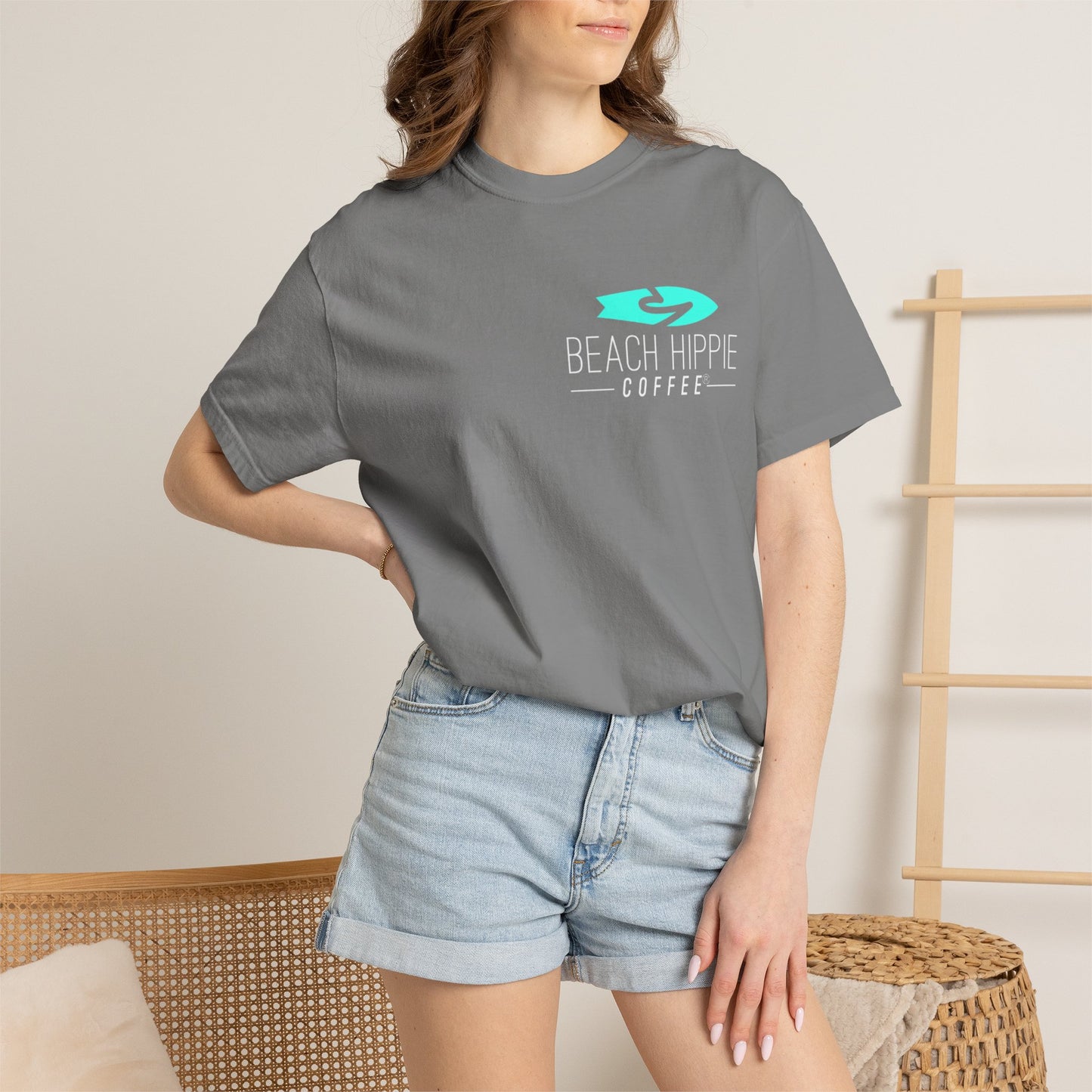 Beach Hippie Coffee Surf Logo T-Shirt — Minimal Turquoise Wave Graphic
