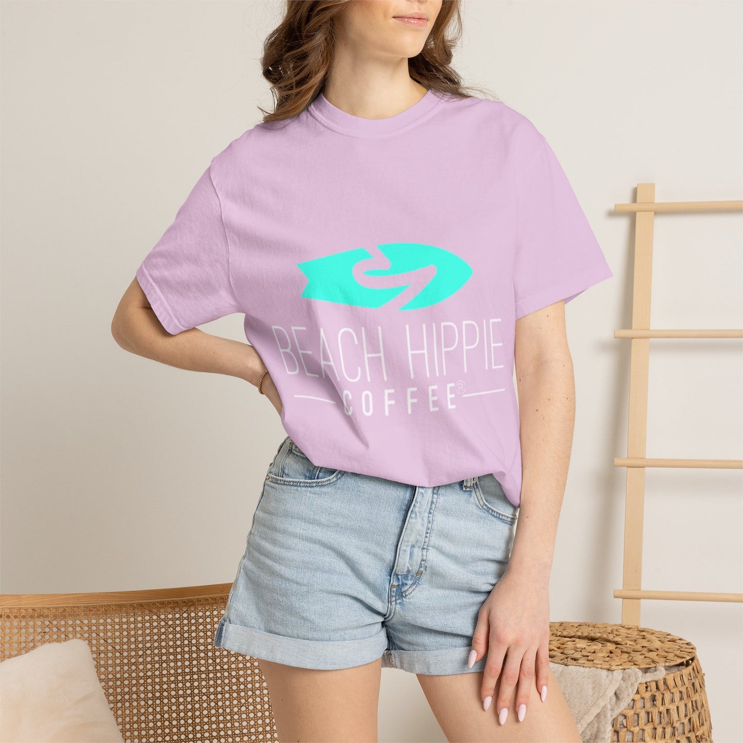 Beach Hippie Coffee Surf Logo T-Shirt — Minimal Turquoise Wave Graphic
