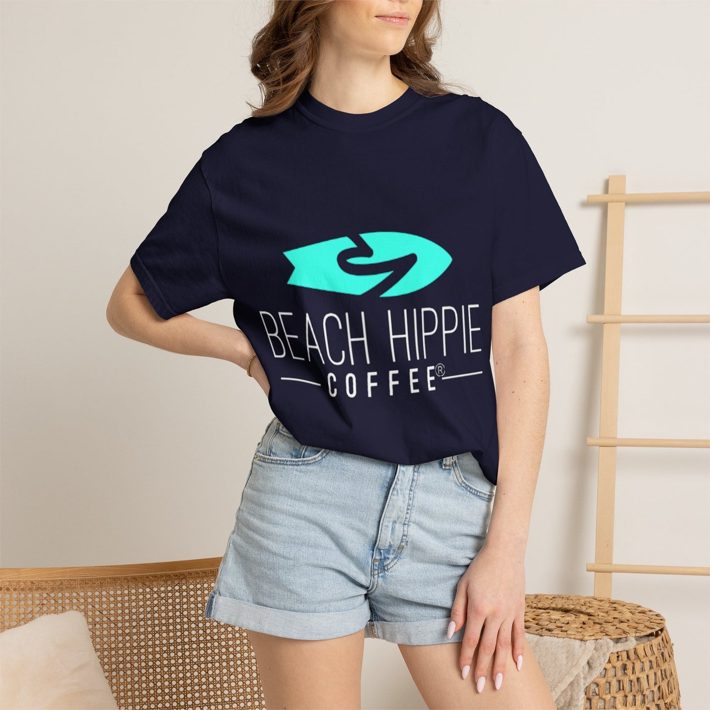 Beach Hippie Coffee Surf Logo T-Shirt — Minimal Turquoise Wave Graphic