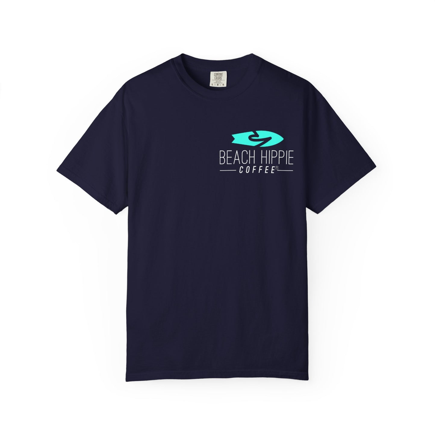 Beach Hippie Coffee Surf Logo T-Shirt — Minimal Turquoise Wave Graphic