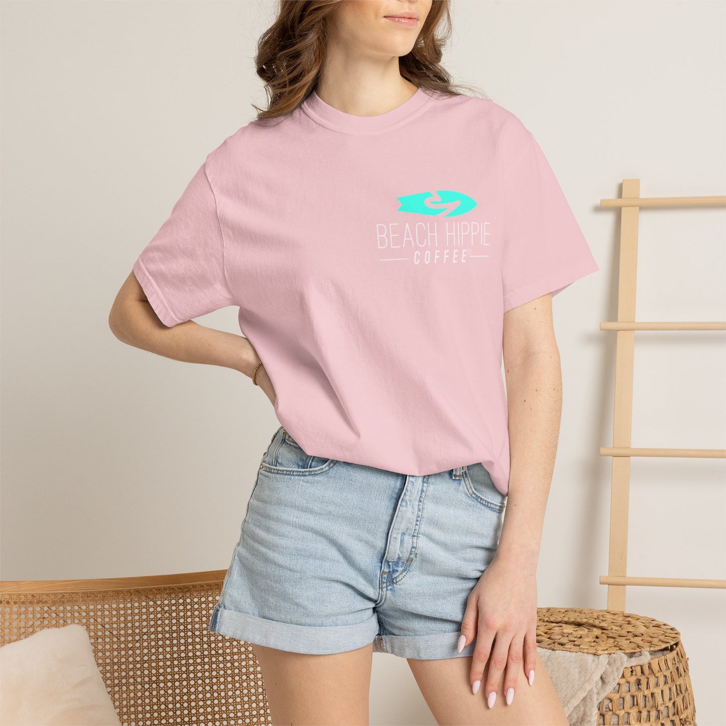 Beach Hippie Coffee Surf Logo T-Shirt — Minimal Turquoise Wave Graphic