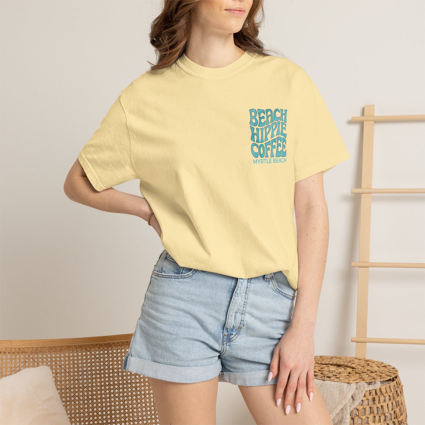 Beach Hippie Coffee T‑Shirt — 'The Waves Won't Wait' Surf Van Graphic