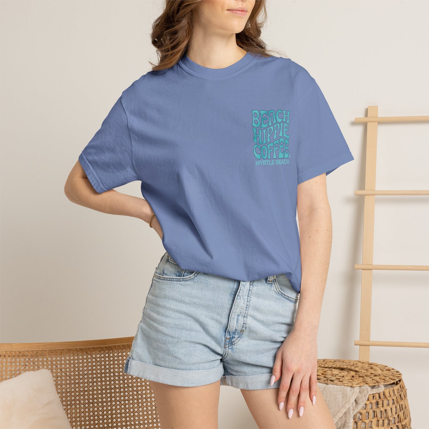 Beach Hippie Coffee T‑Shirt — 'The Waves Won't Wait' Surf Van Graphic