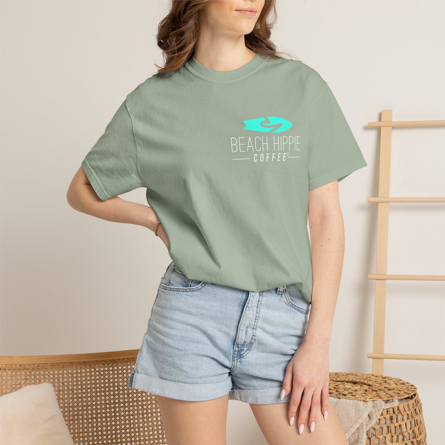 Beach Hippie Coffee Surf Logo T-Shirt — Minimal Turquoise Wave Graphic