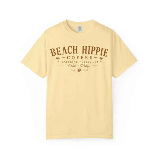 Beach Hippie Coffee T-Shirt — 'Caffeine Fueled Joy' Graphic Tee (Seek & Pray)