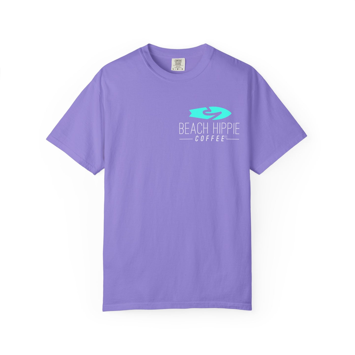 Beach Hippie Coffee Surf Logo T-Shirt — Minimal Turquoise Wave Graphic