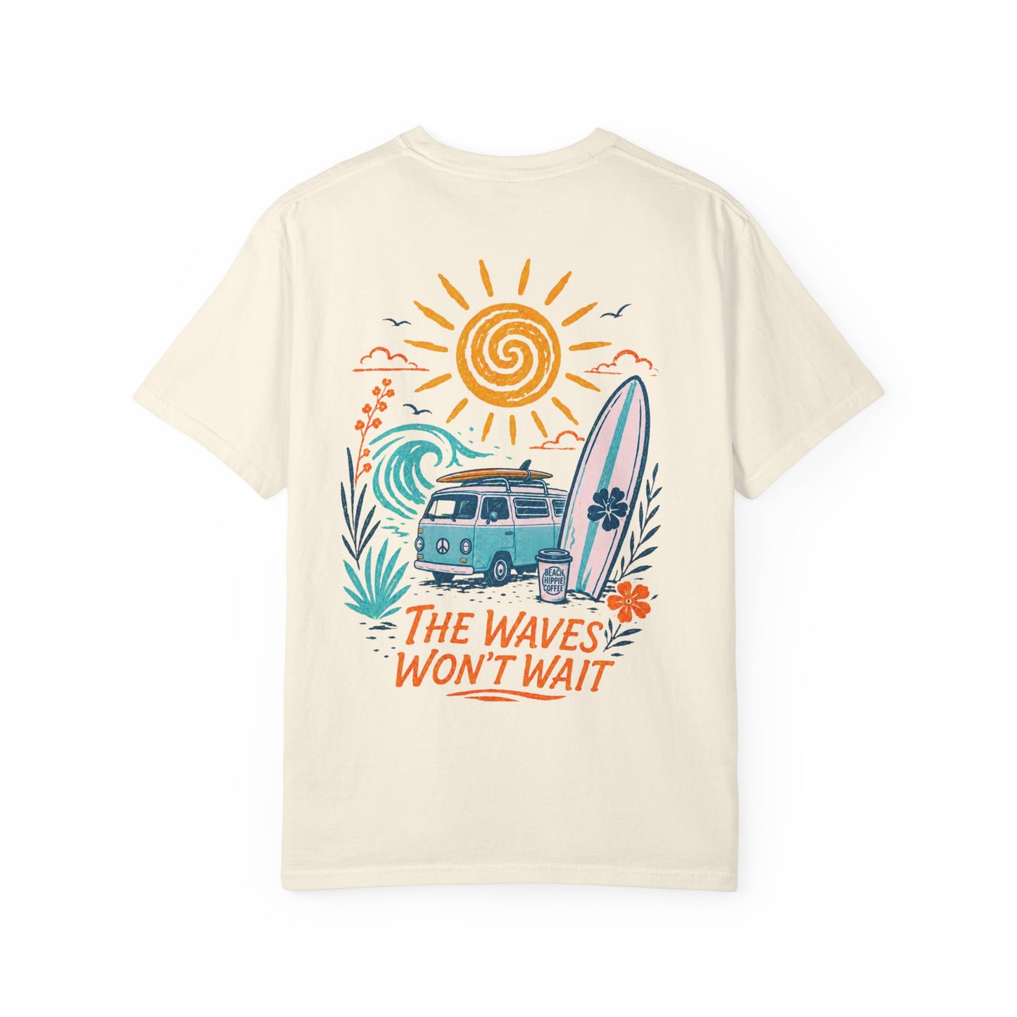 Beach Hippie Coffee T‑Shirt — 'The Waves Won't Wait' Surf Van Graphic