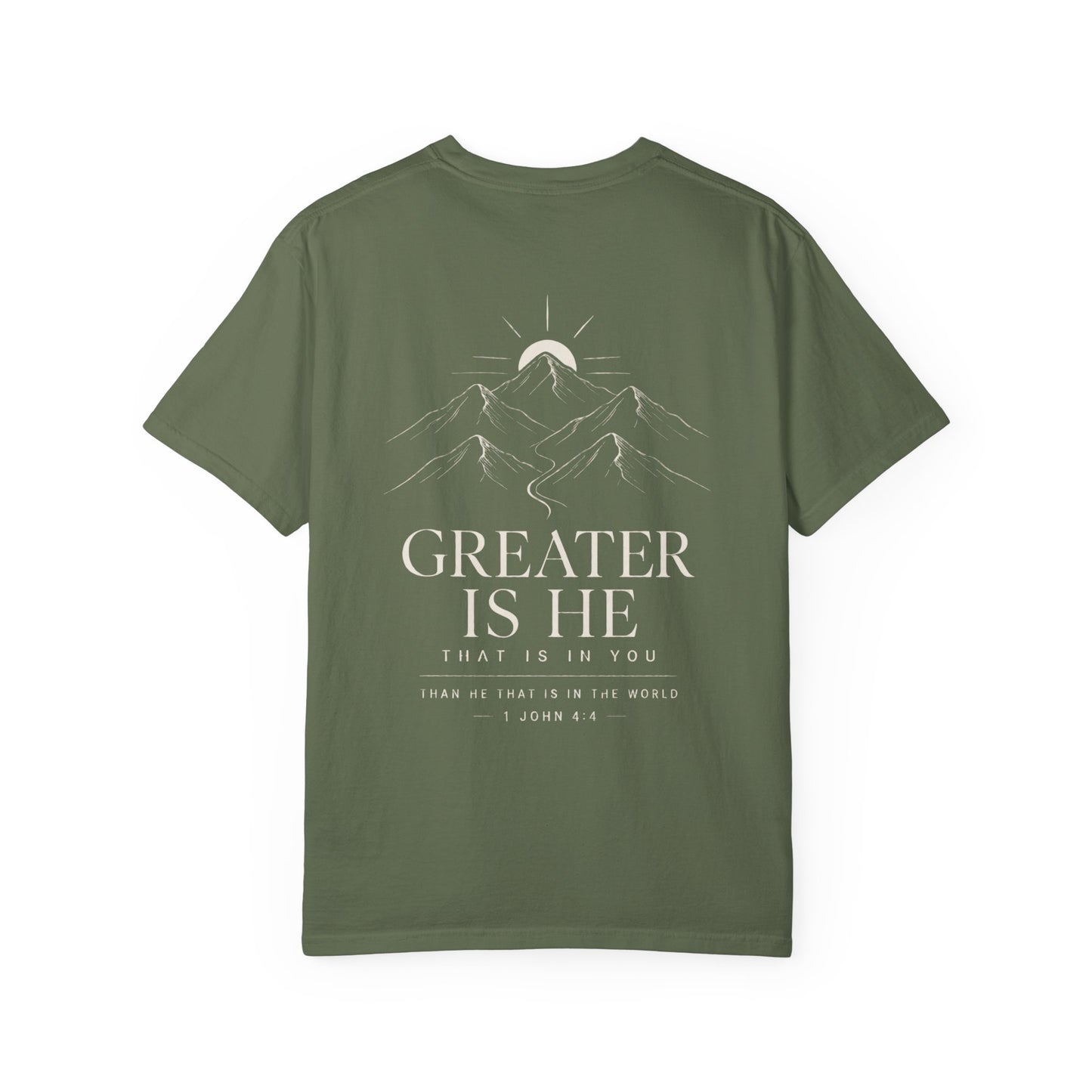 First Love Mountain T-Shirt — "Greater Is He" Christian Faith Tee