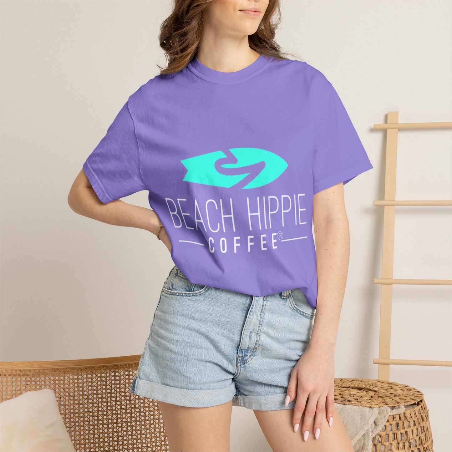 Beach Hippie Coffee Surf Logo T-Shirt — Minimal Turquoise Wave Graphic
