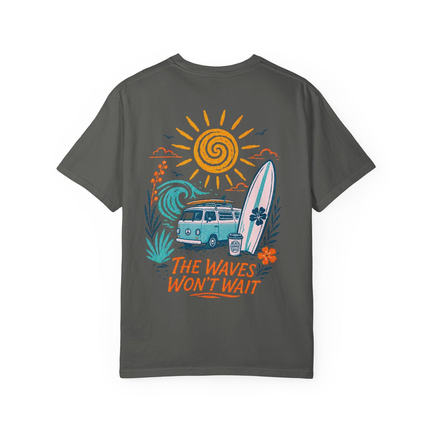 Beach Hippie Coffee T‑Shirt — 'The Waves Won't Wait' Surf Van Graphic