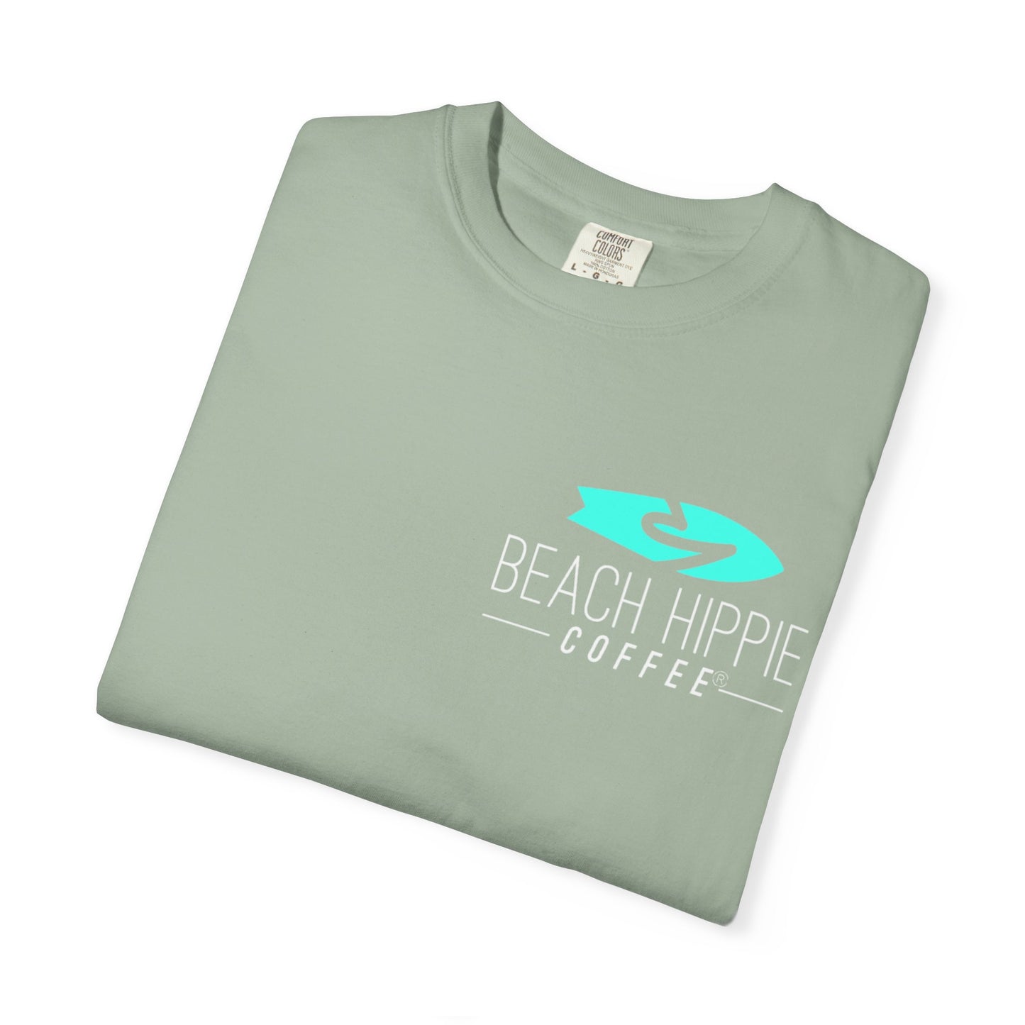Beach Hippie Coffee Surf Logo T-Shirt — Minimal Turquoise Wave Graphic