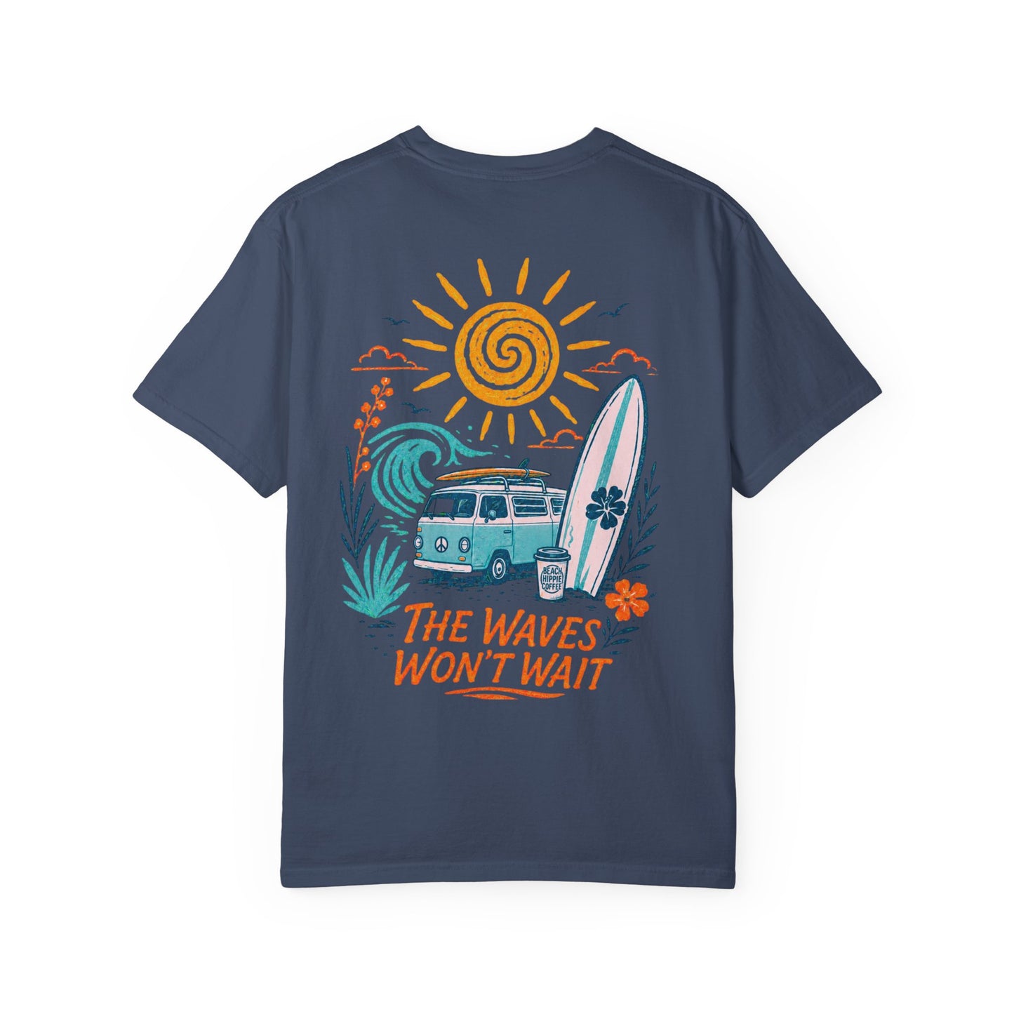 Beach Hippie Coffee T‑Shirt — 'The Waves Won't Wait' Surf Van Graphic