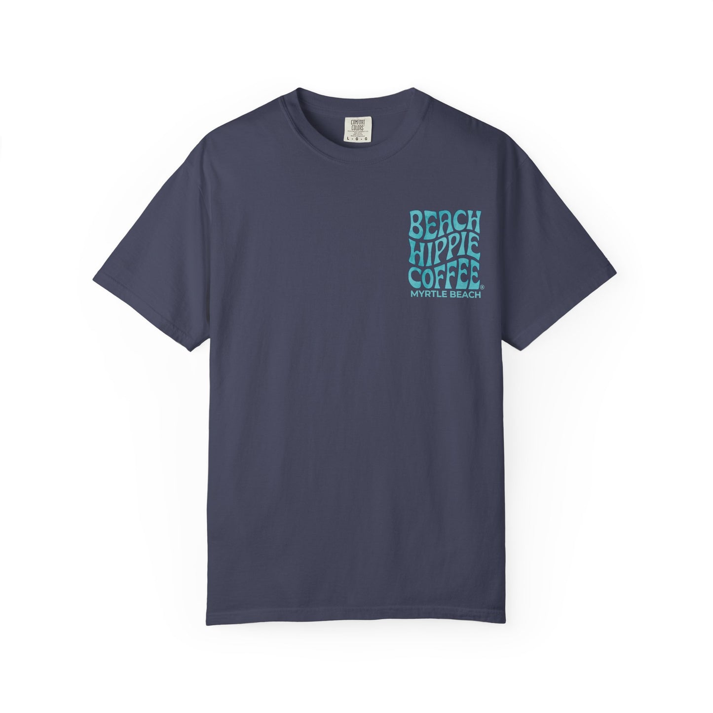 Beach Hippie Coffee T‑Shirt — 'The Waves Won't Wait' Surf Van Graphic