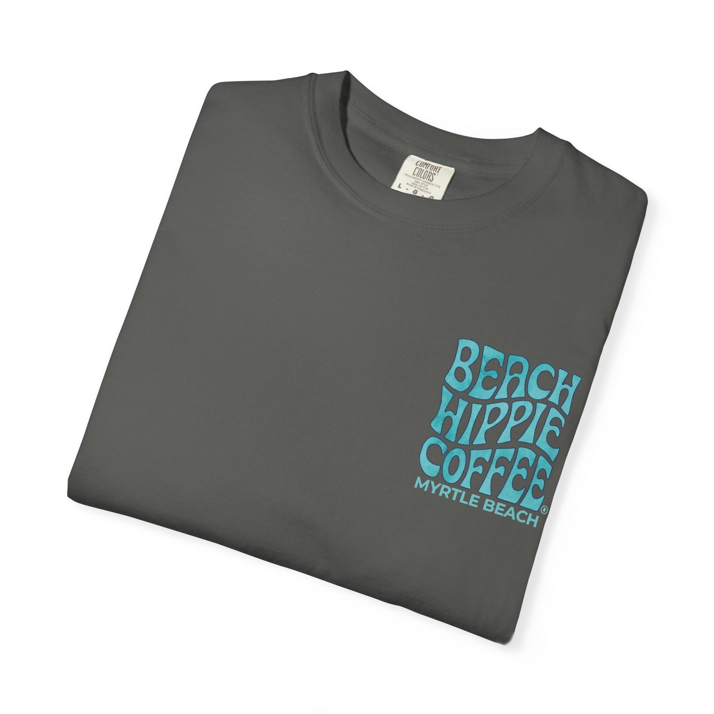 Beach Hippie Coffee T‑Shirt — 'The Waves Won't Wait' Surf Van Graphic