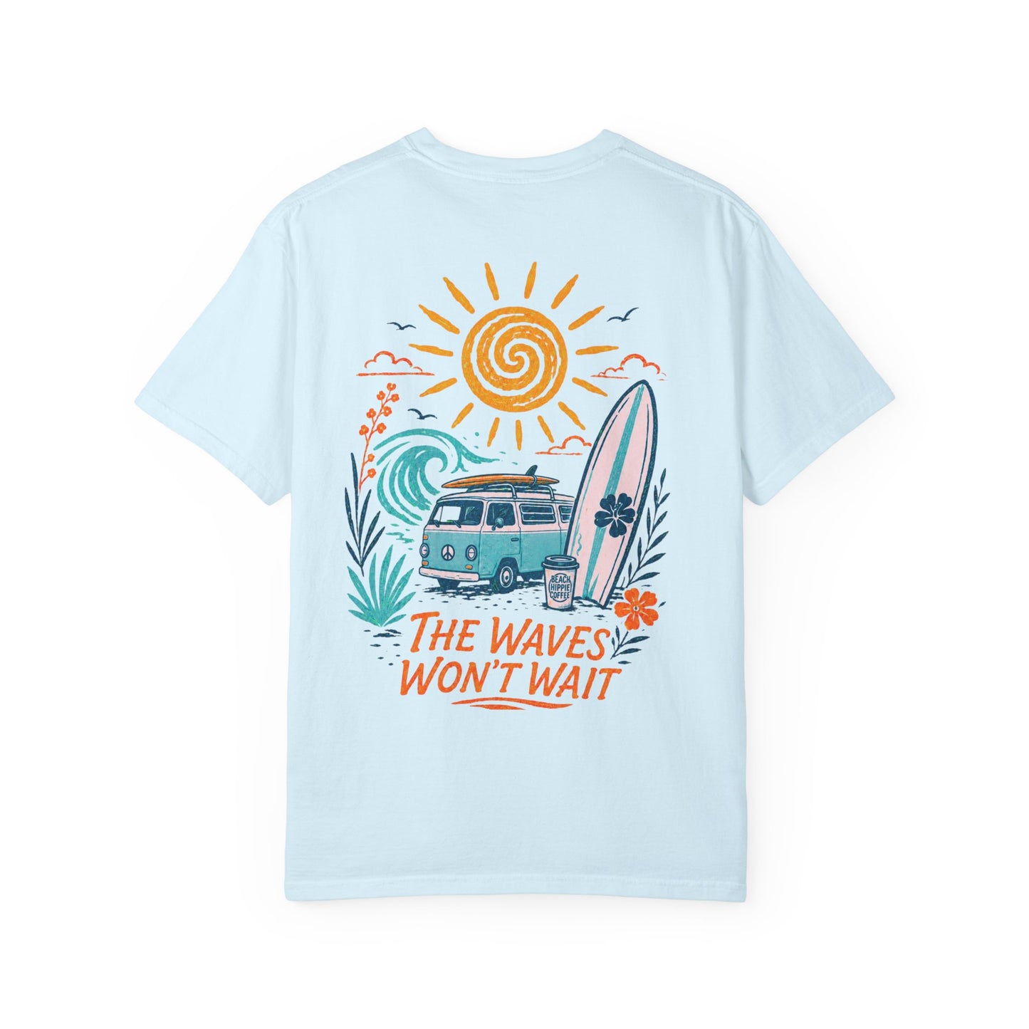 Beach Hippie Coffee T‑Shirt — 'The Waves Won't Wait' Surf Van Graphic