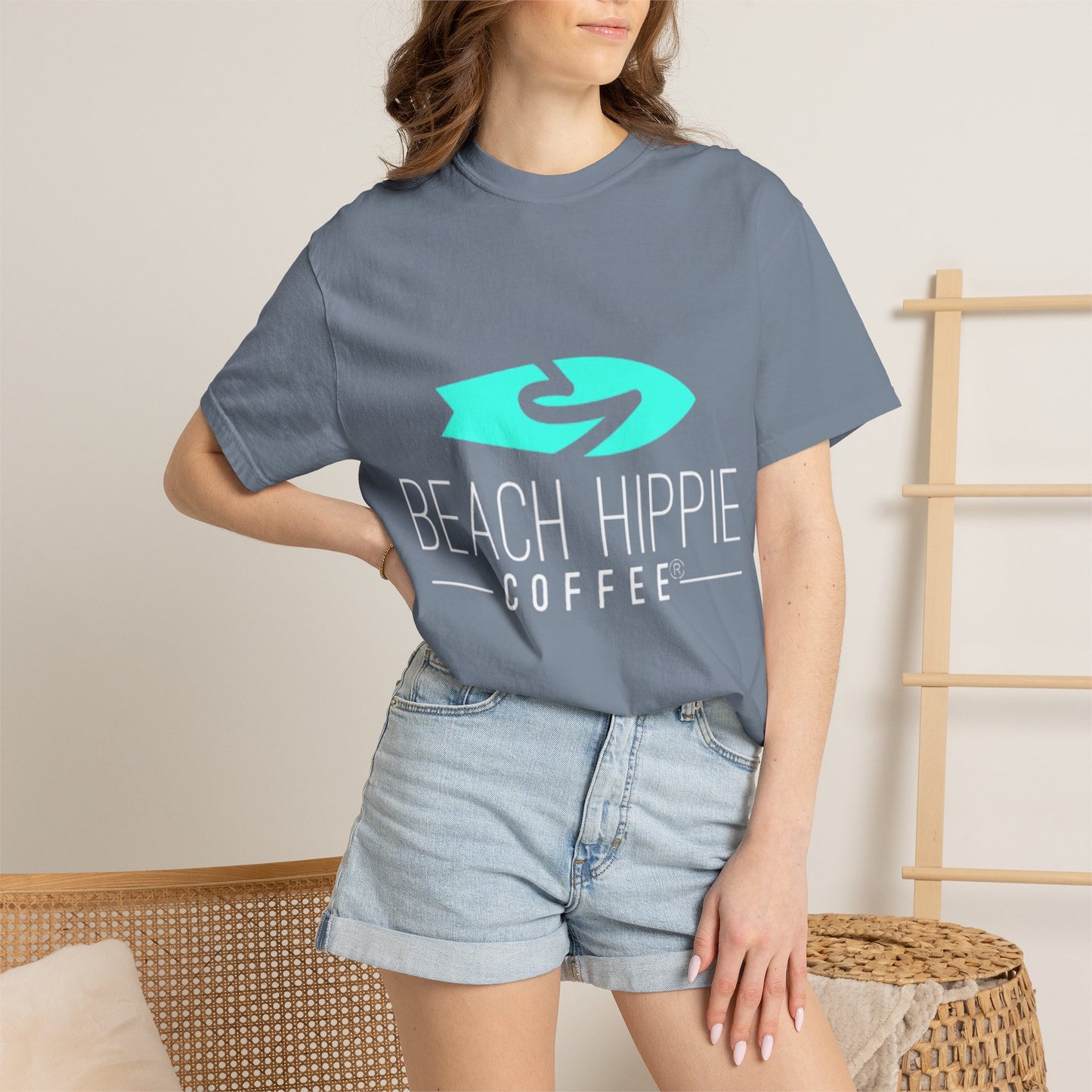 Beach Hippie Coffee Surf Logo T-Shirt — Minimal Turquoise Wave Graphic