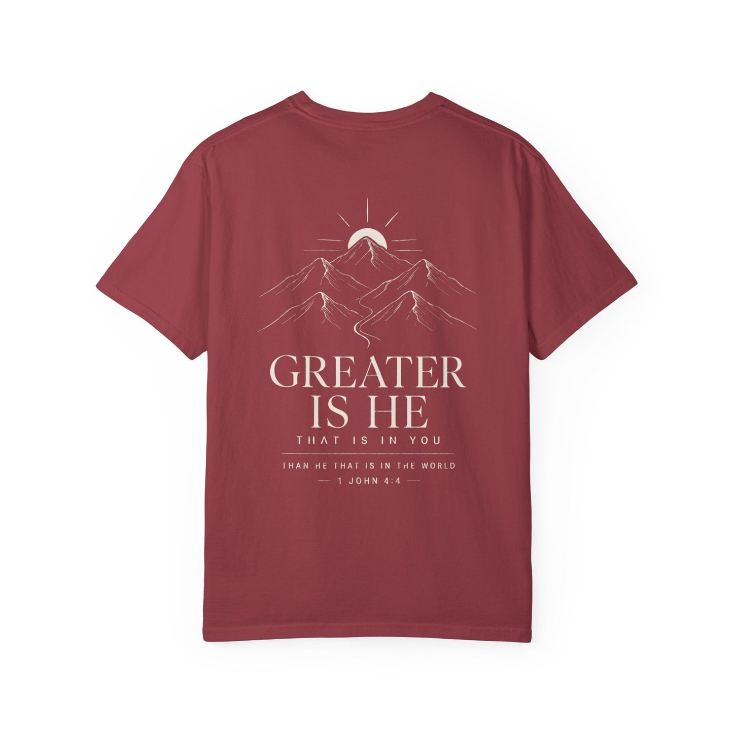 First Love Mountain T-Shirt — "Greater Is He" Christian Faith Tee