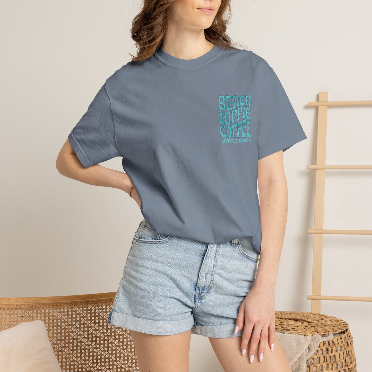 Beach Hippie Coffee T‑Shirt — 'The Waves Won't Wait' Surf Van Graphic