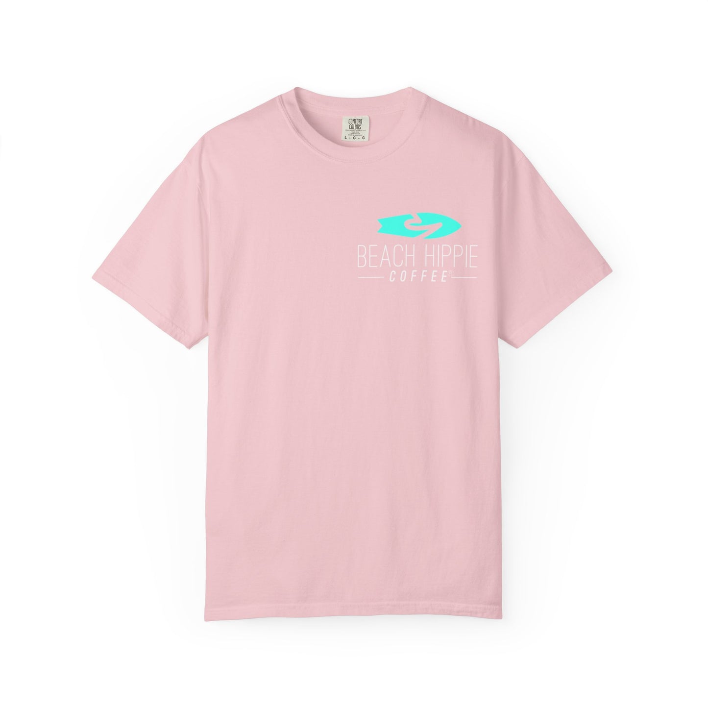 Beach Hippie Coffee Surf Logo T-Shirt — Minimal Turquoise Wave Graphic