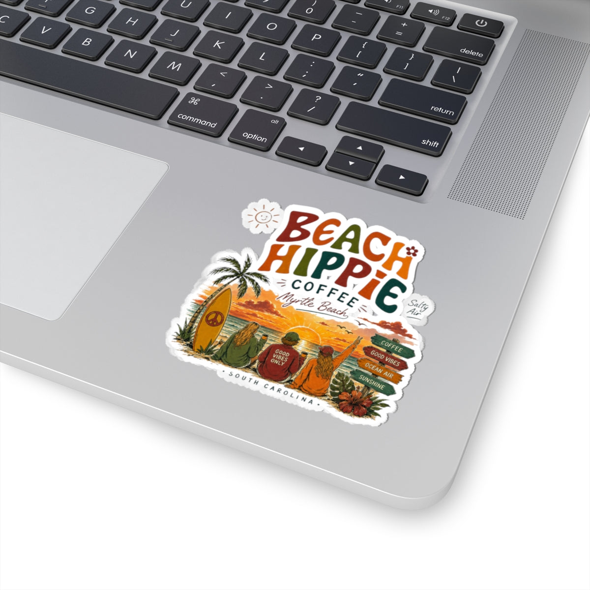 Beach Hippie Coffee Sticker — Vintage Surf Sunset Kiss-Cut Sticker (Myrtle Beach)