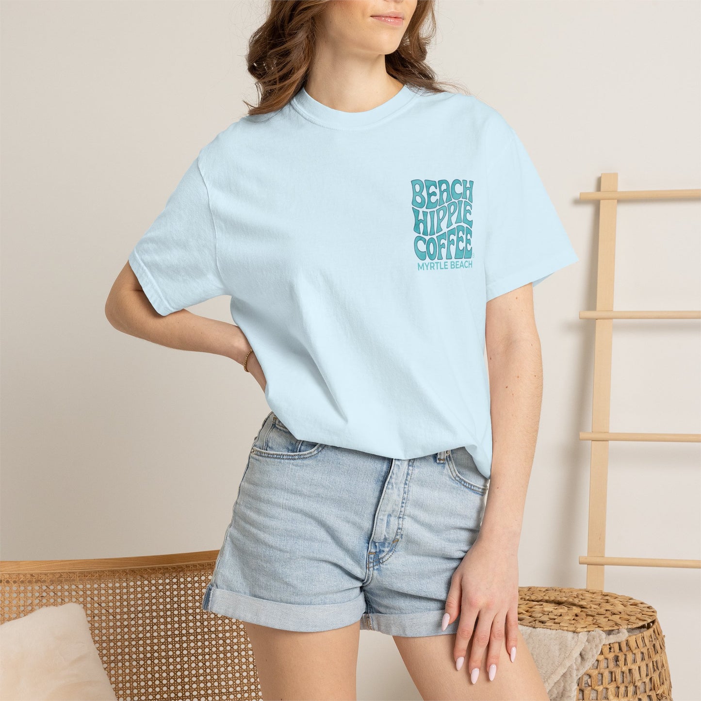 Beach Hippie Coffee T‑Shirt — 'The Waves Won't Wait' Surf Van Graphic