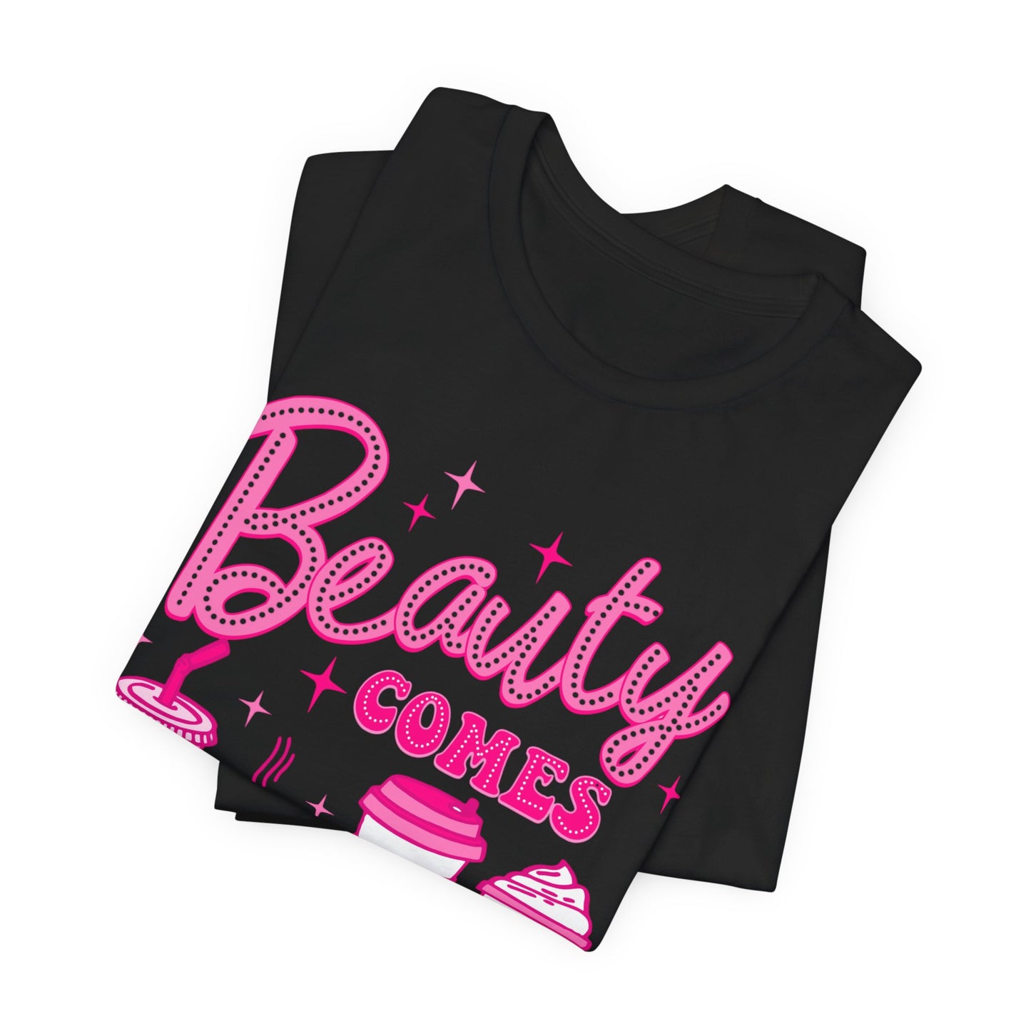 Coffee Lovers Tee — “Beauty Comes in All Shapes & Sizes” Pink Graphic T-Shirt