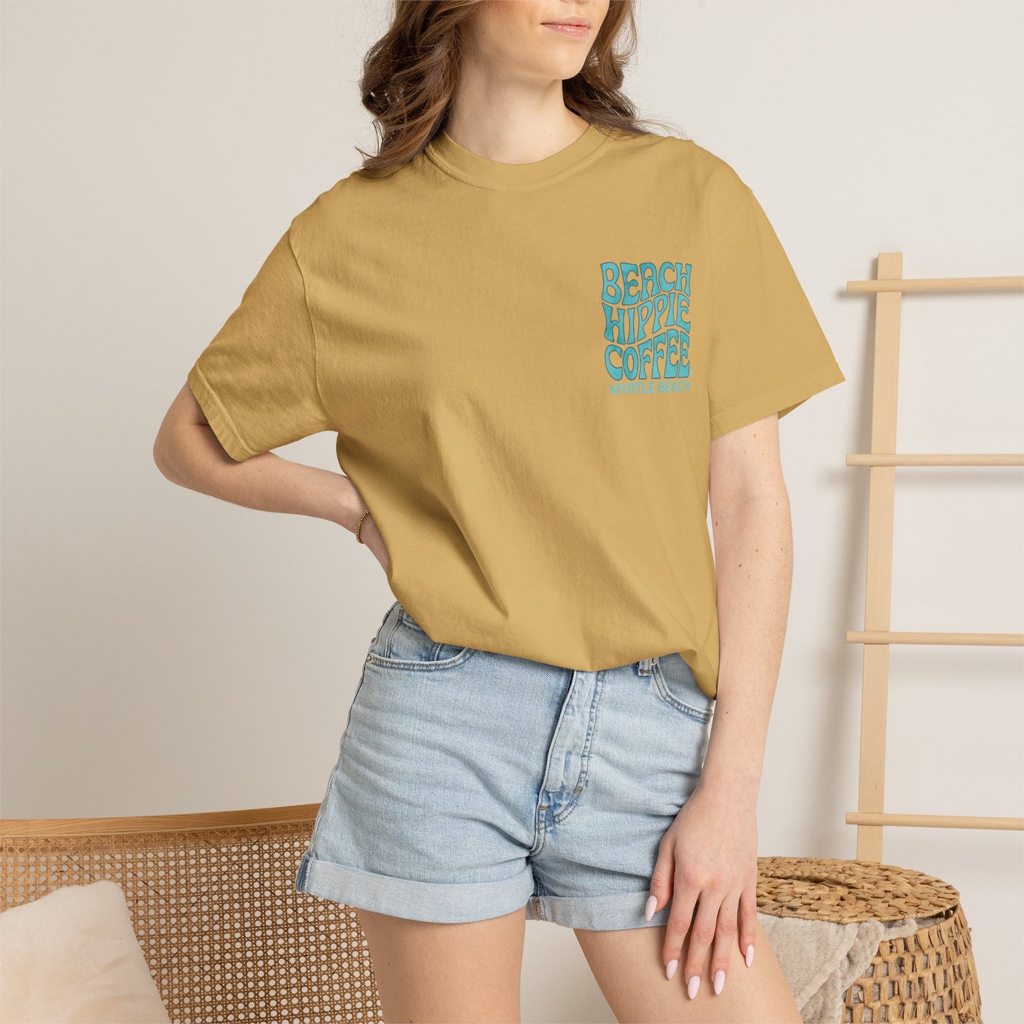 Beach Hippie Coffee T‑Shirt — 'The Waves Won't Wait' Surf Van Graphic