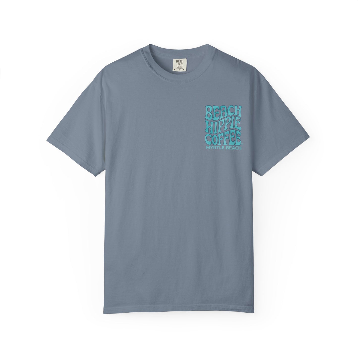 Beach Hippie Coffee T‑Shirt — 'The Waves Won't Wait' Surf Van Graphic