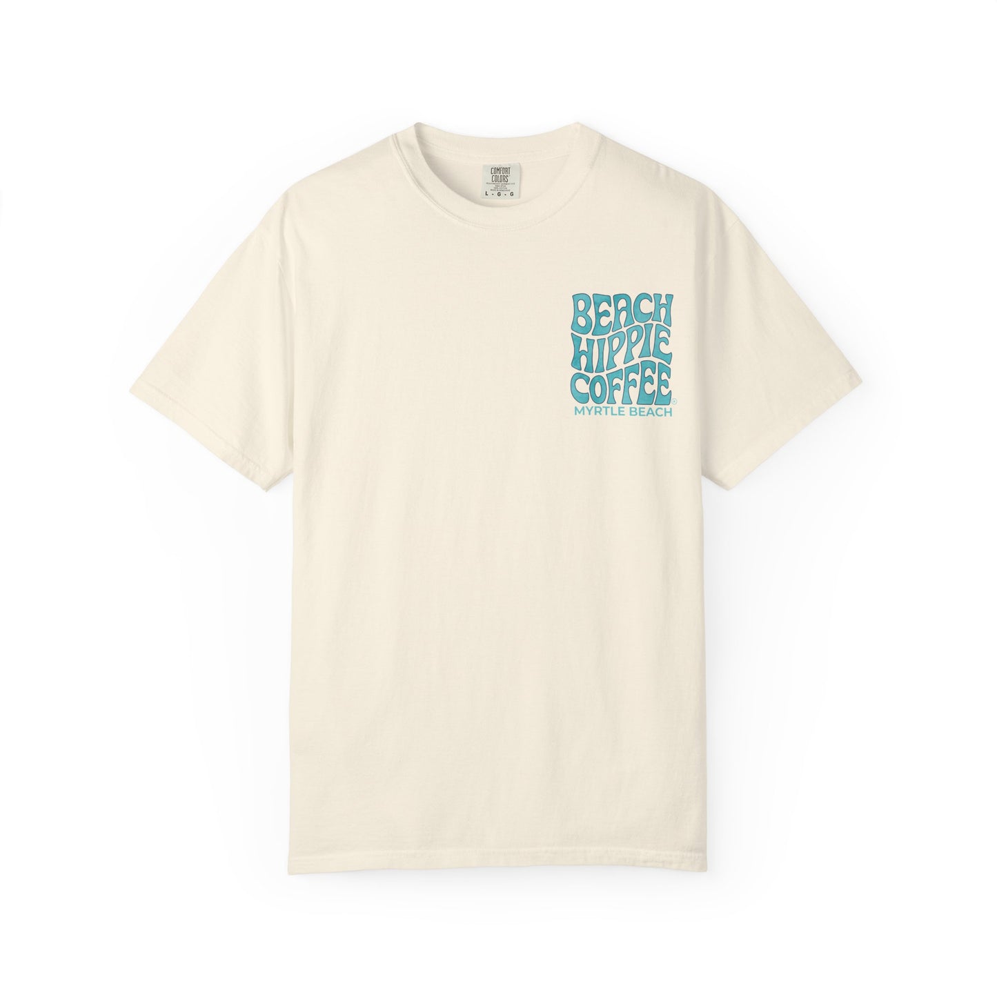 Beach Hippie Coffee T‑Shirt — 'The Waves Won't Wait' Surf Van Graphic
