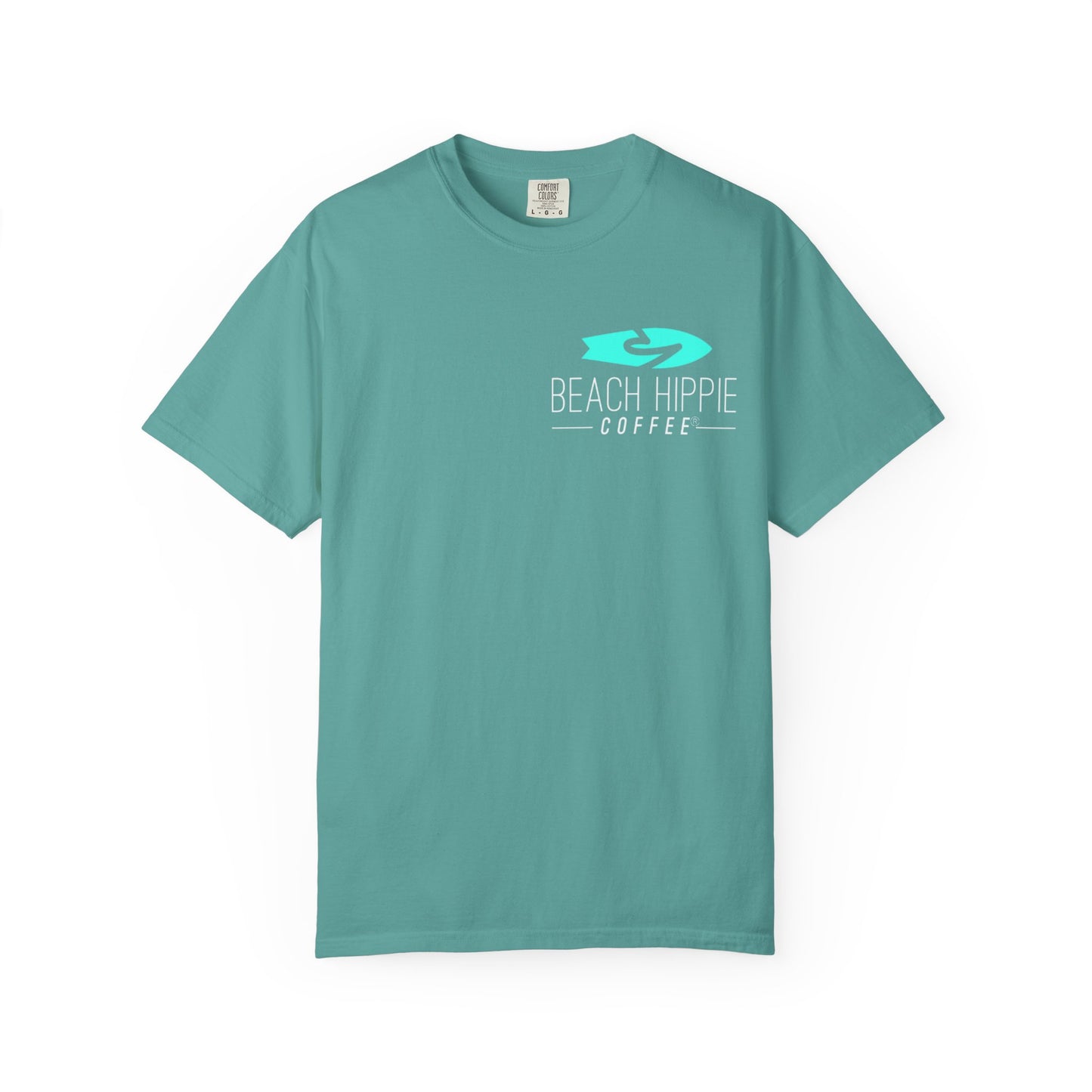 Beach Hippie Coffee Surf Logo T-Shirt — Minimal Turquoise Wave Graphic