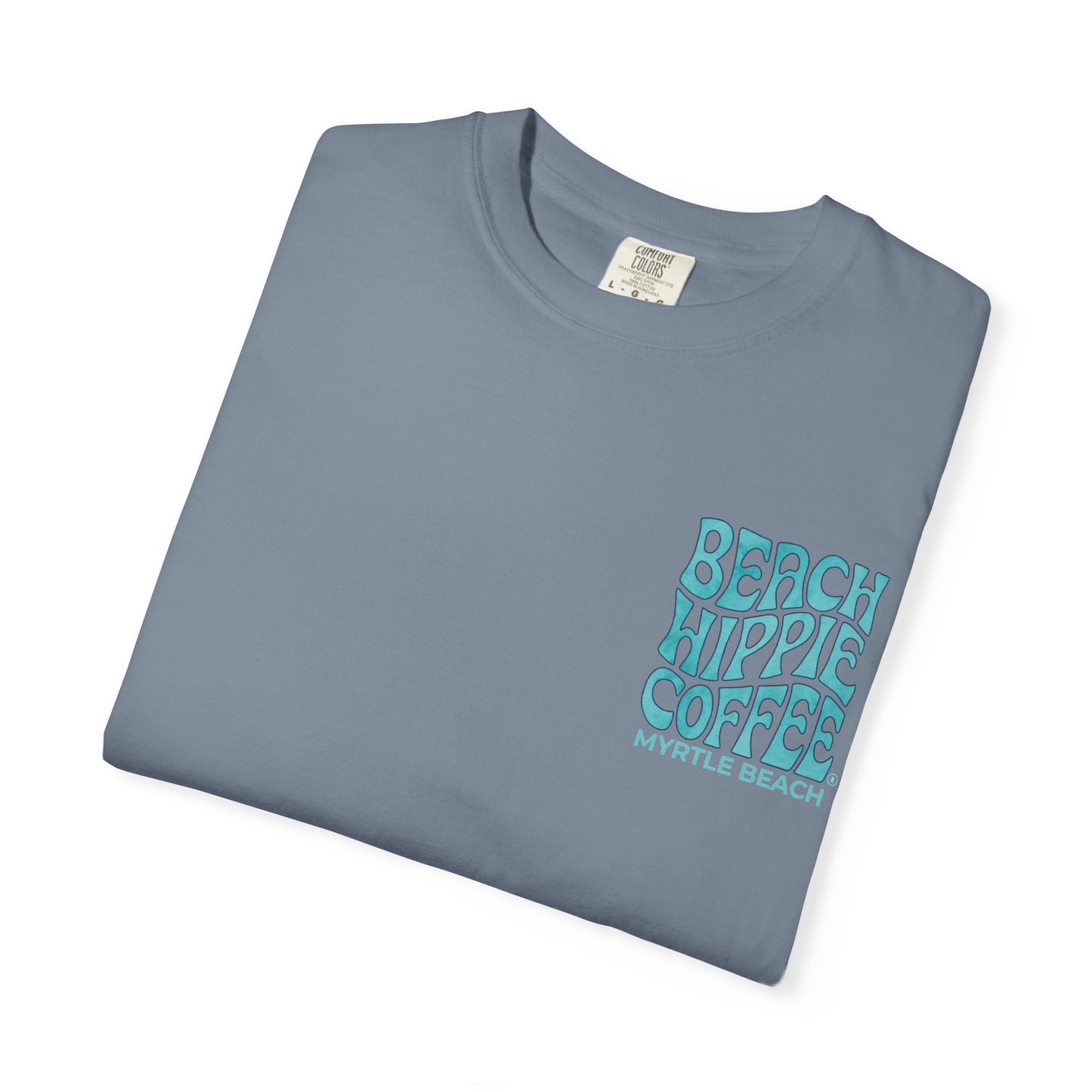Beach Hippie Coffee T‑Shirt — 'The Waves Won't Wait' Surf Van Graphic