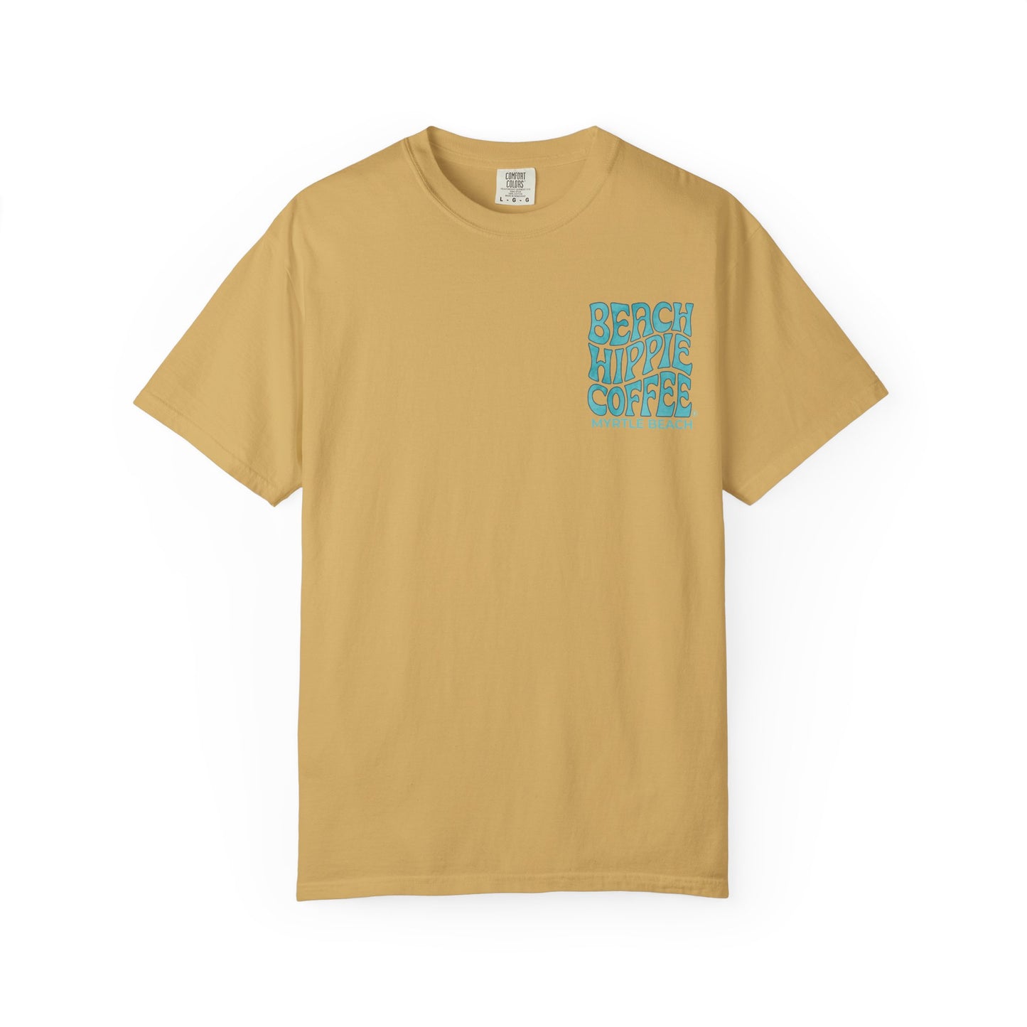 Beach Hippie Coffee T‑Shirt — 'The Waves Won't Wait' Surf Van Graphic