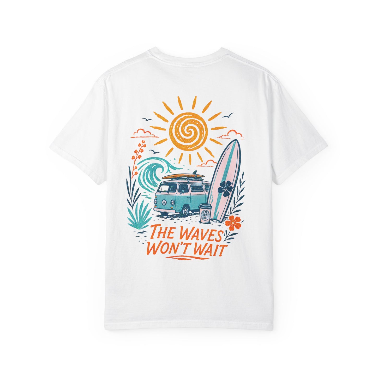 Beach Hippie Coffee T‑Shirt — 'The Waves Won't Wait' Surf Van Graphic