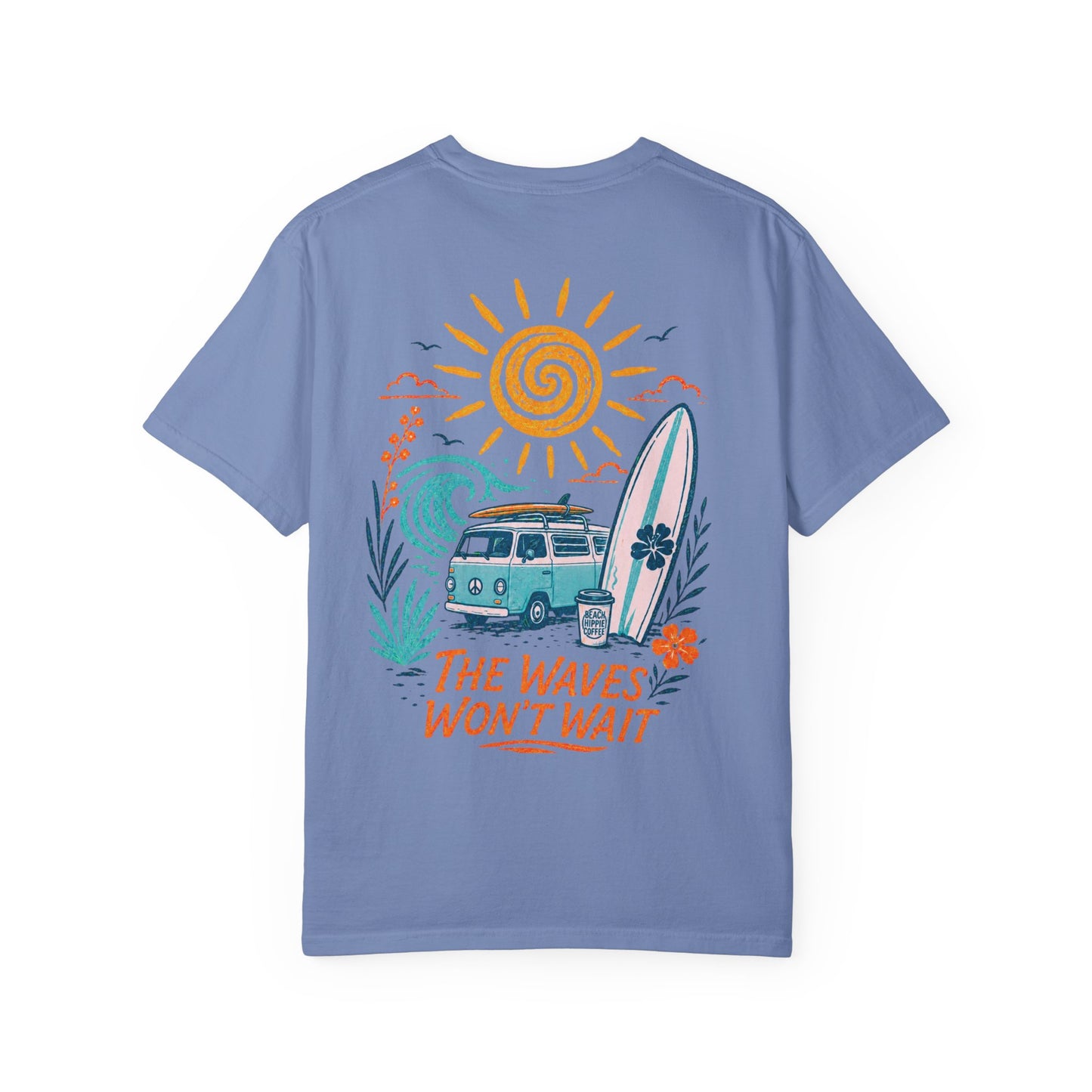 Beach Hippie Coffee T‑Shirt — 'The Waves Won't Wait' Surf Van Graphic