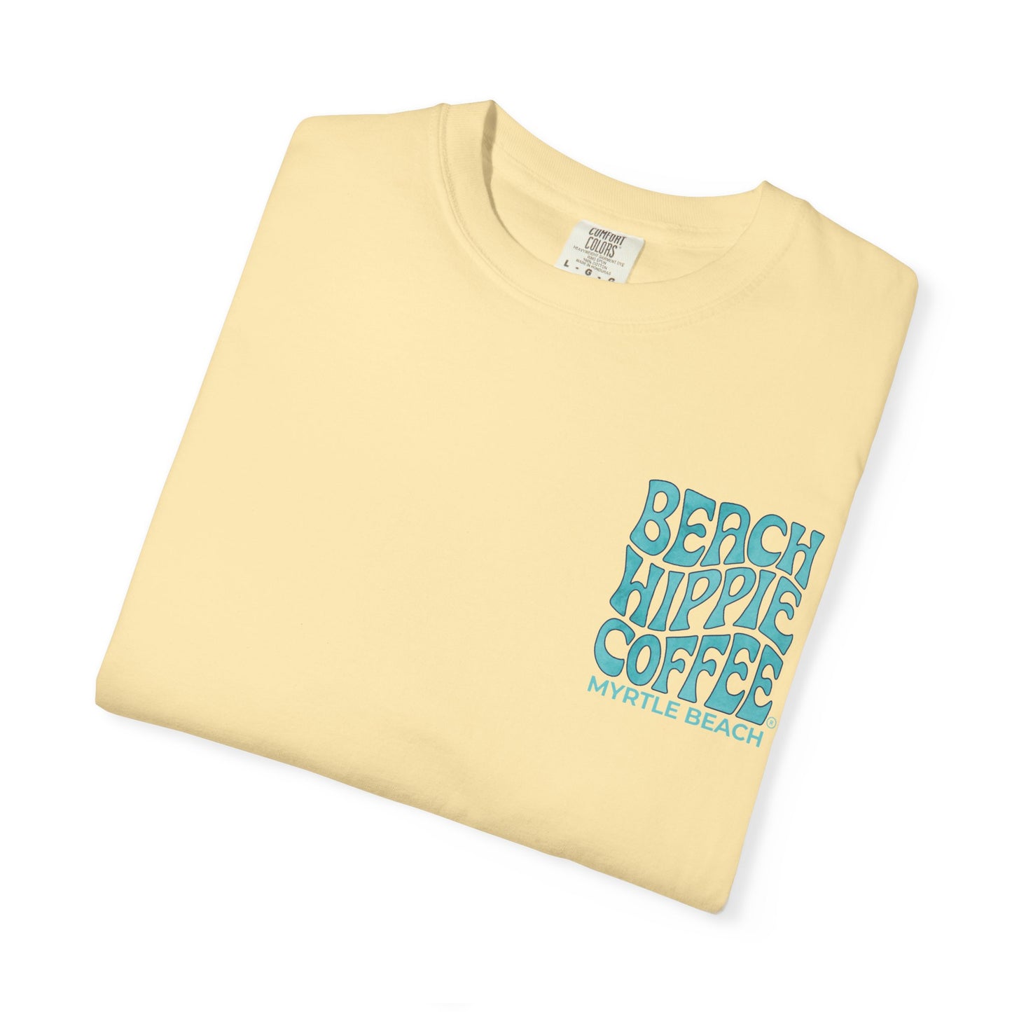 Beach Hippie Coffee T‑Shirt — 'The Waves Won't Wait' Surf Van Graphic