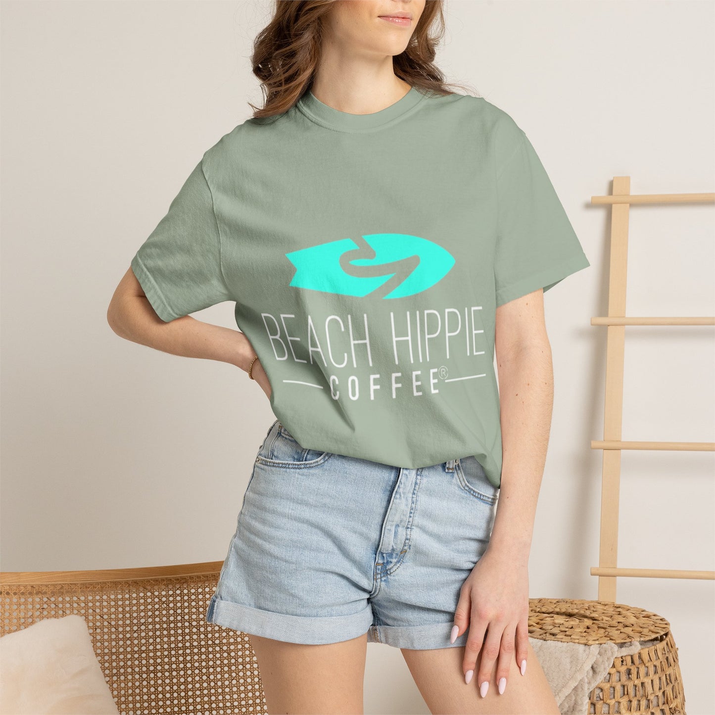 Beach Hippie Coffee Surf Logo T-Shirt — Minimal Turquoise Wave Graphic