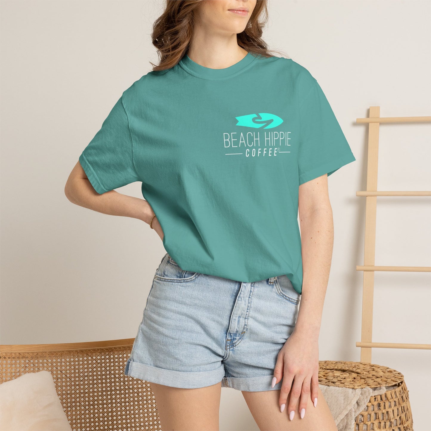 Beach Hippie Coffee Surf Logo T-Shirt — Minimal Turquoise Wave Graphic