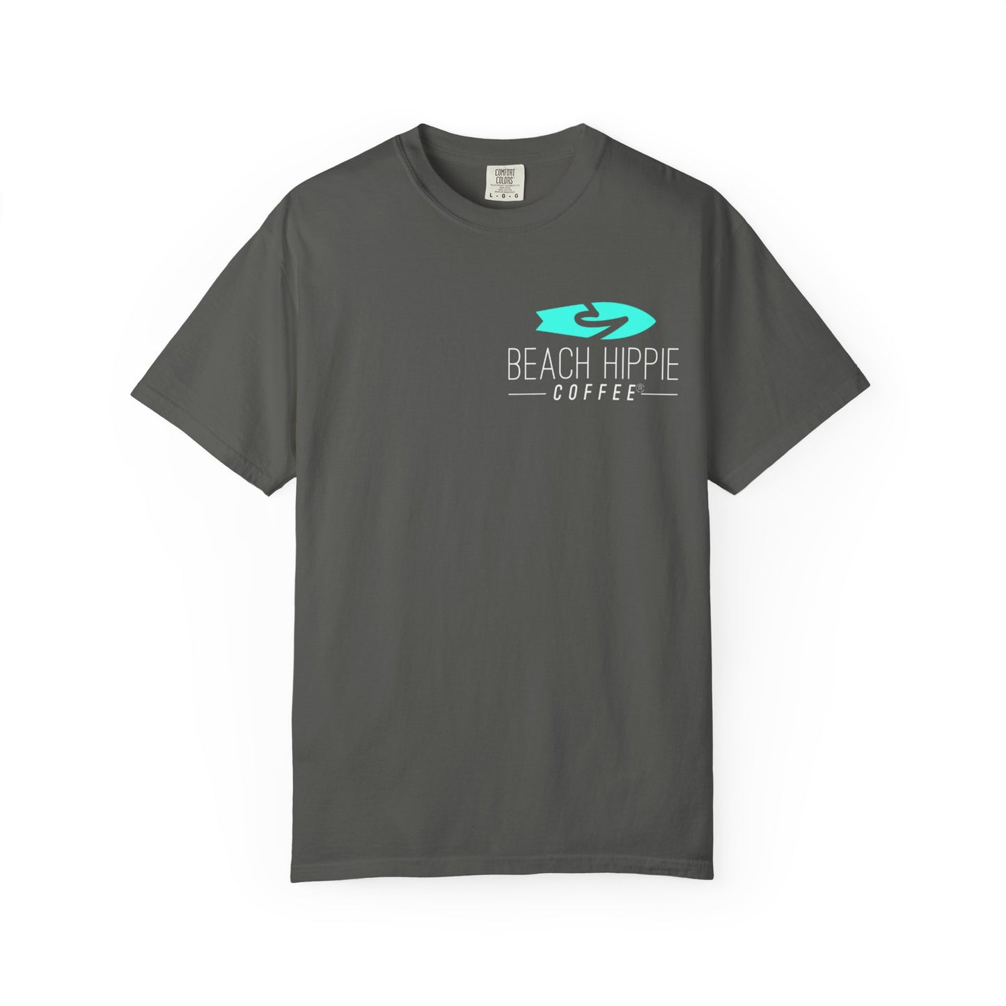 Beach Hippie Coffee Surf Logo T-Shirt — Minimal Turquoise Wave Graphic
