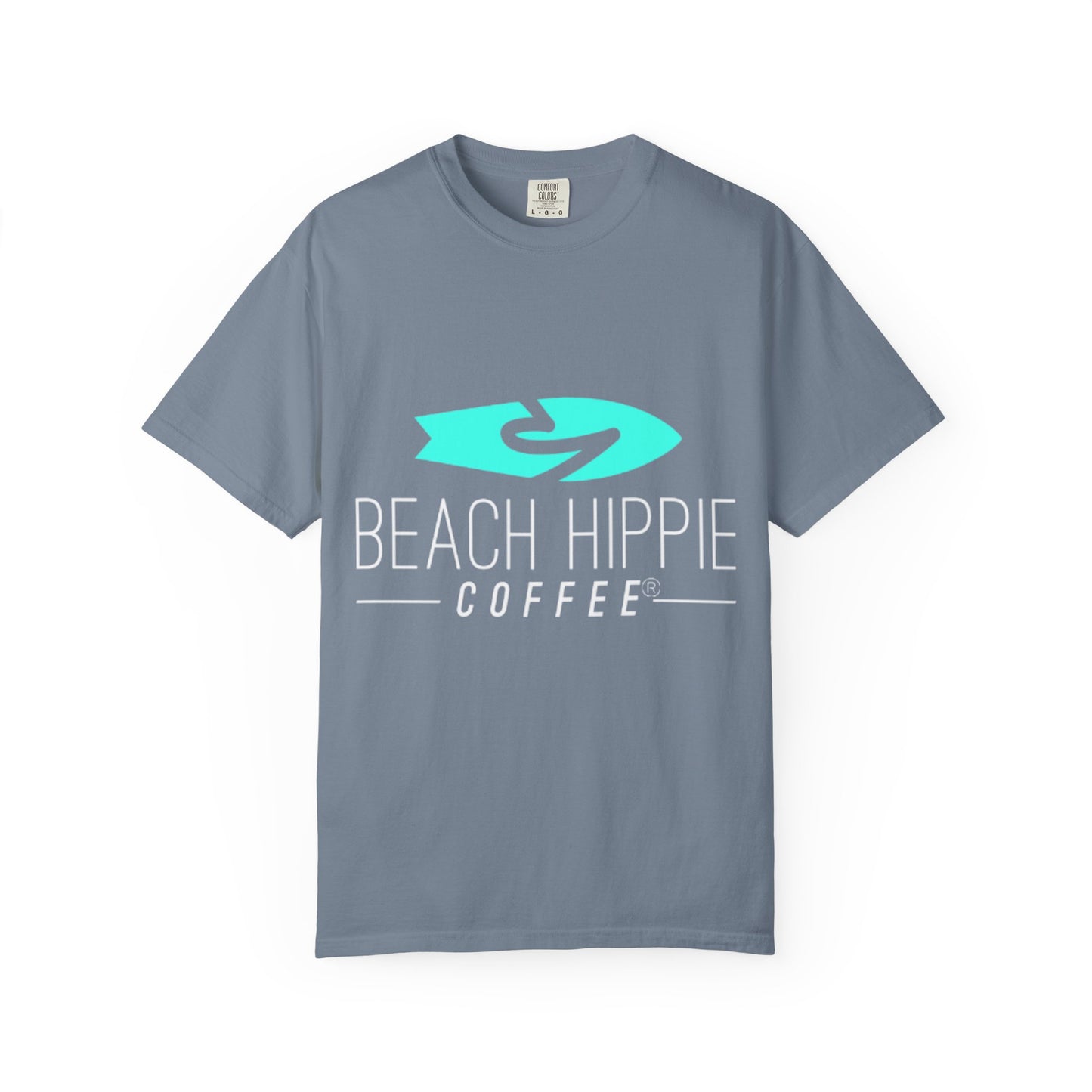 Beach Hippie Coffee Surf Logo T-Shirt — Minimal Turquoise Wave Graphic
