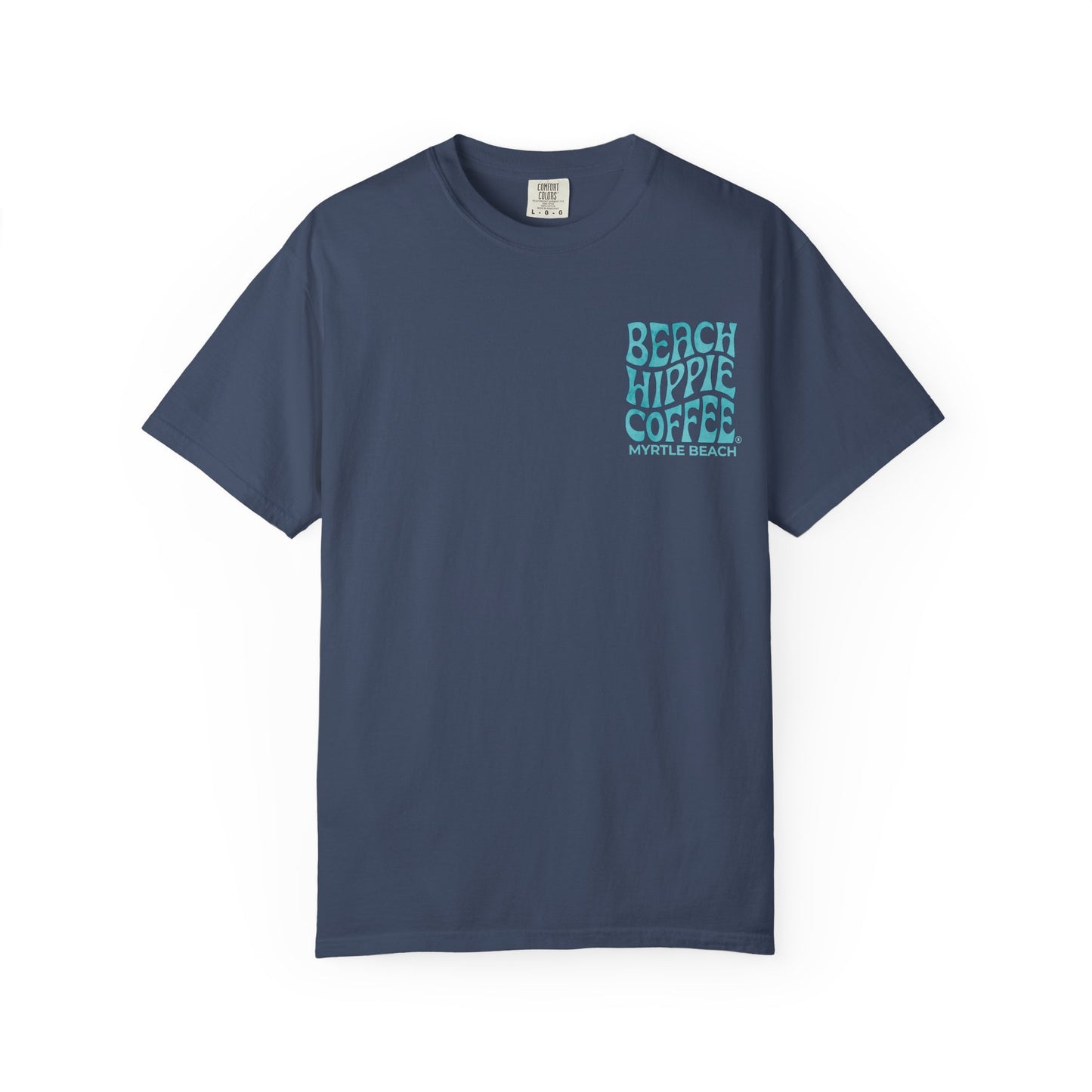 Beach Hippie Coffee T‑Shirt — 'The Waves Won't Wait' Surf Van Graphic