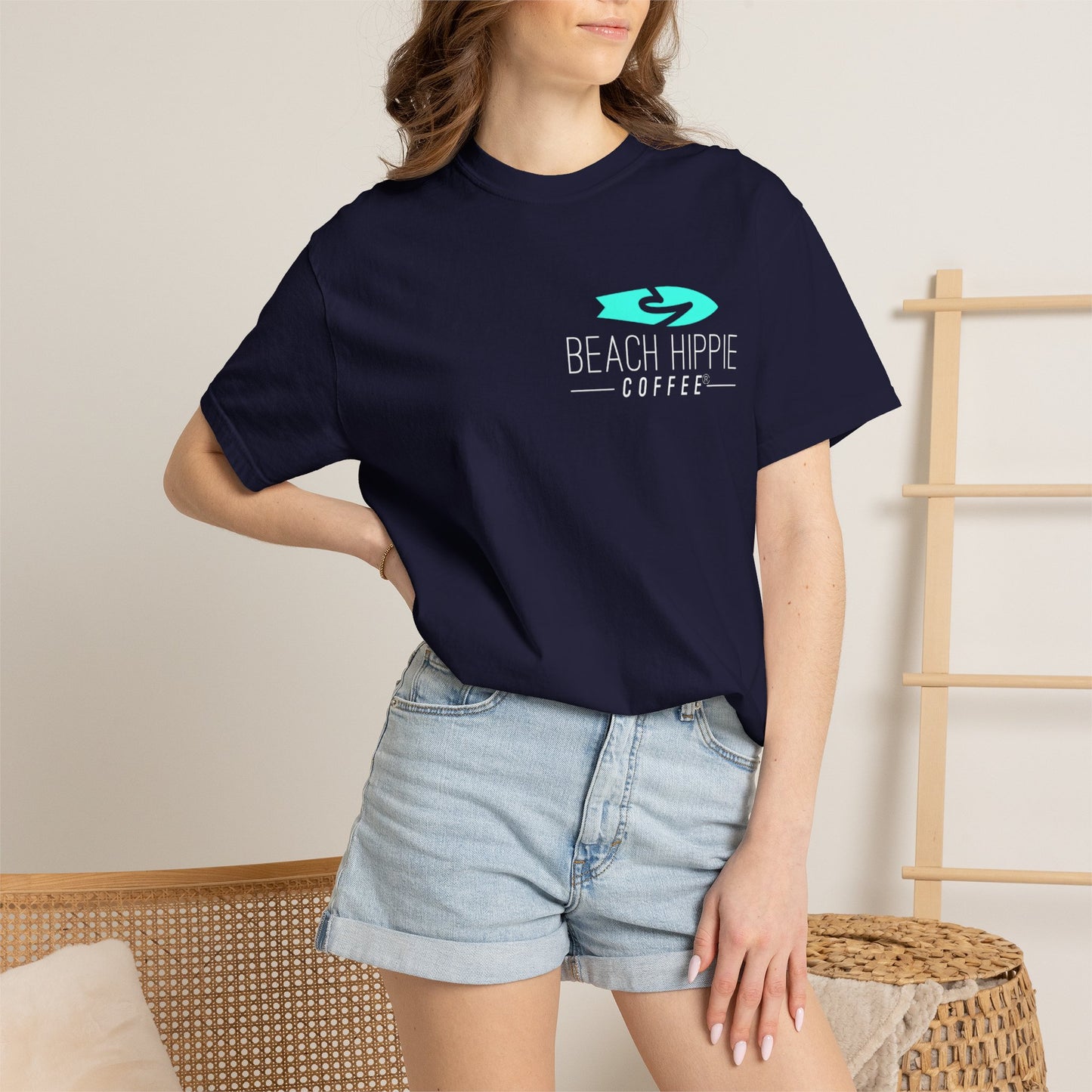 Beach Hippie Coffee Surf Logo T-Shirt — Minimal Turquoise Wave Graphic